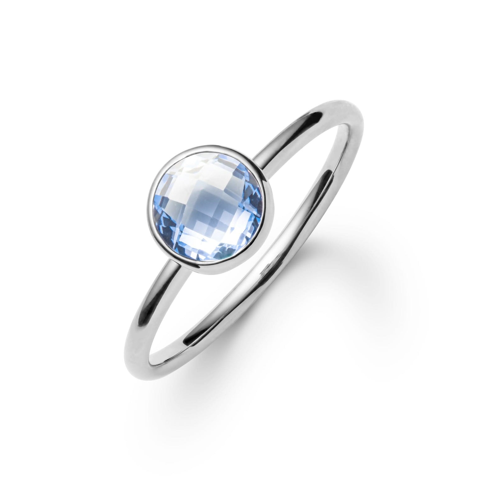 1.6 mm wide 14k white gold Grand ring featuring one 6 mm briolette cut bezel set aquamarine