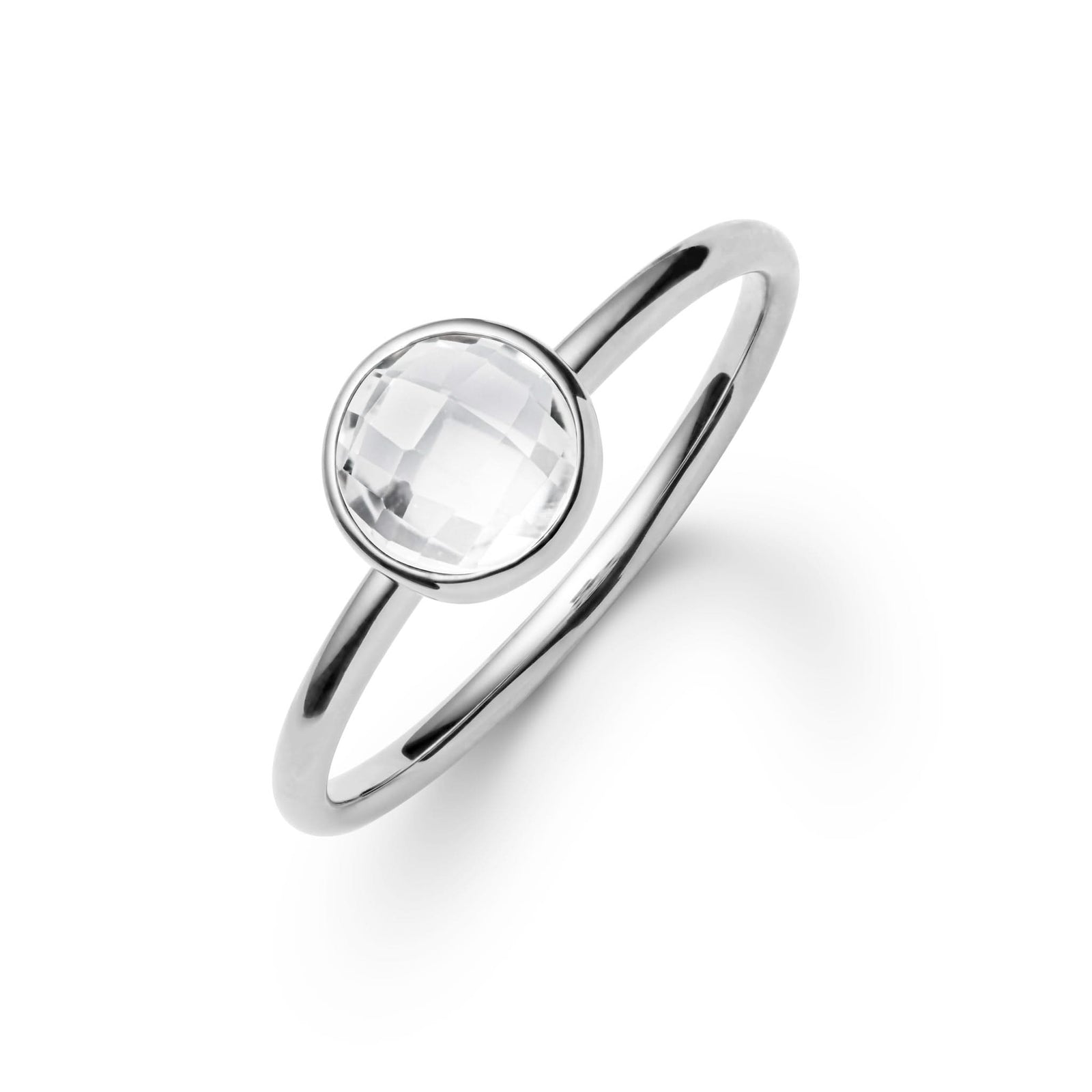 1.6 mm wide 14k white gold Grand ring featuring one 6 mm briolette cut bezel set white topaz