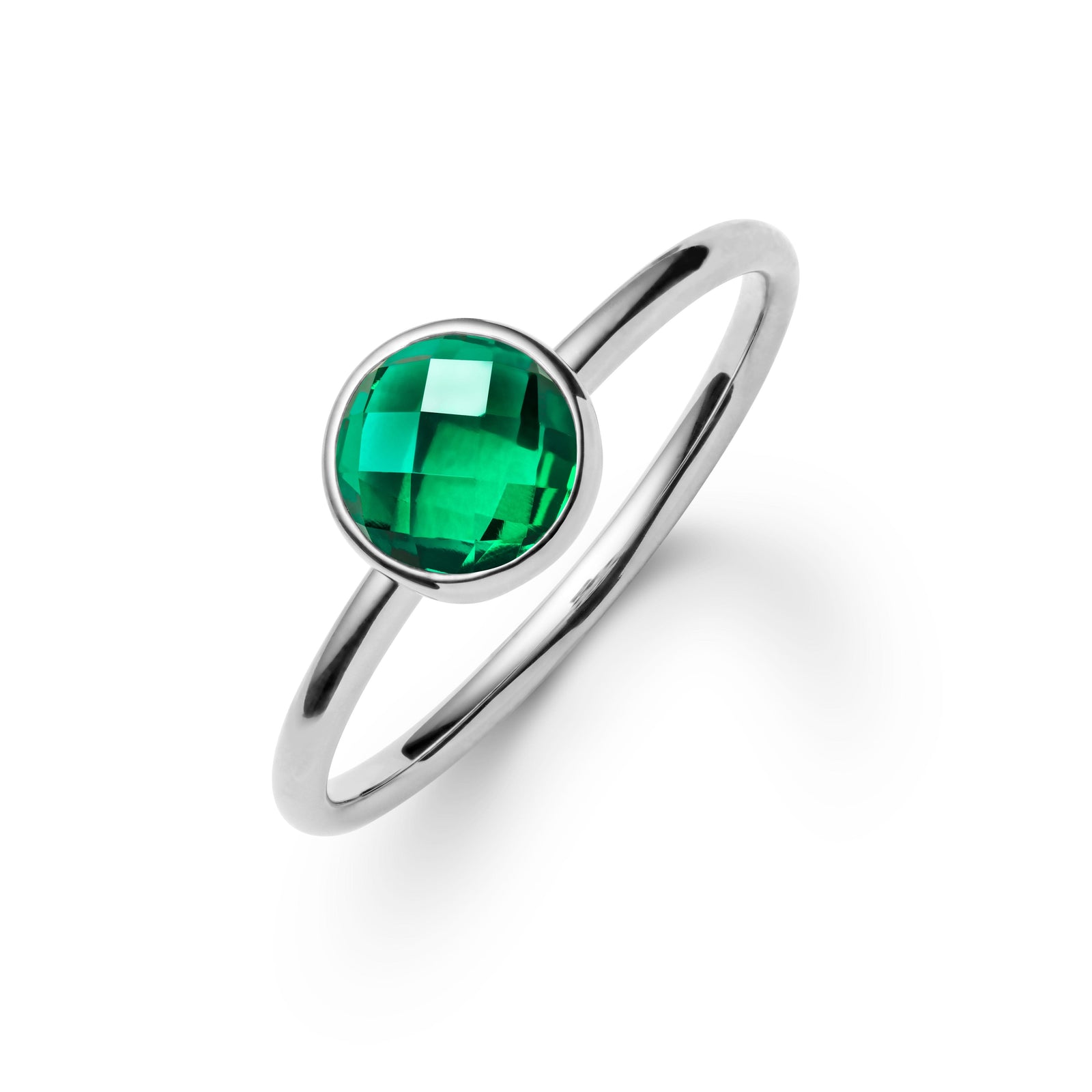 1.6 mm wide 14k white gold Grand ring featuring one 6 mm briolette cut bezel set emerald
