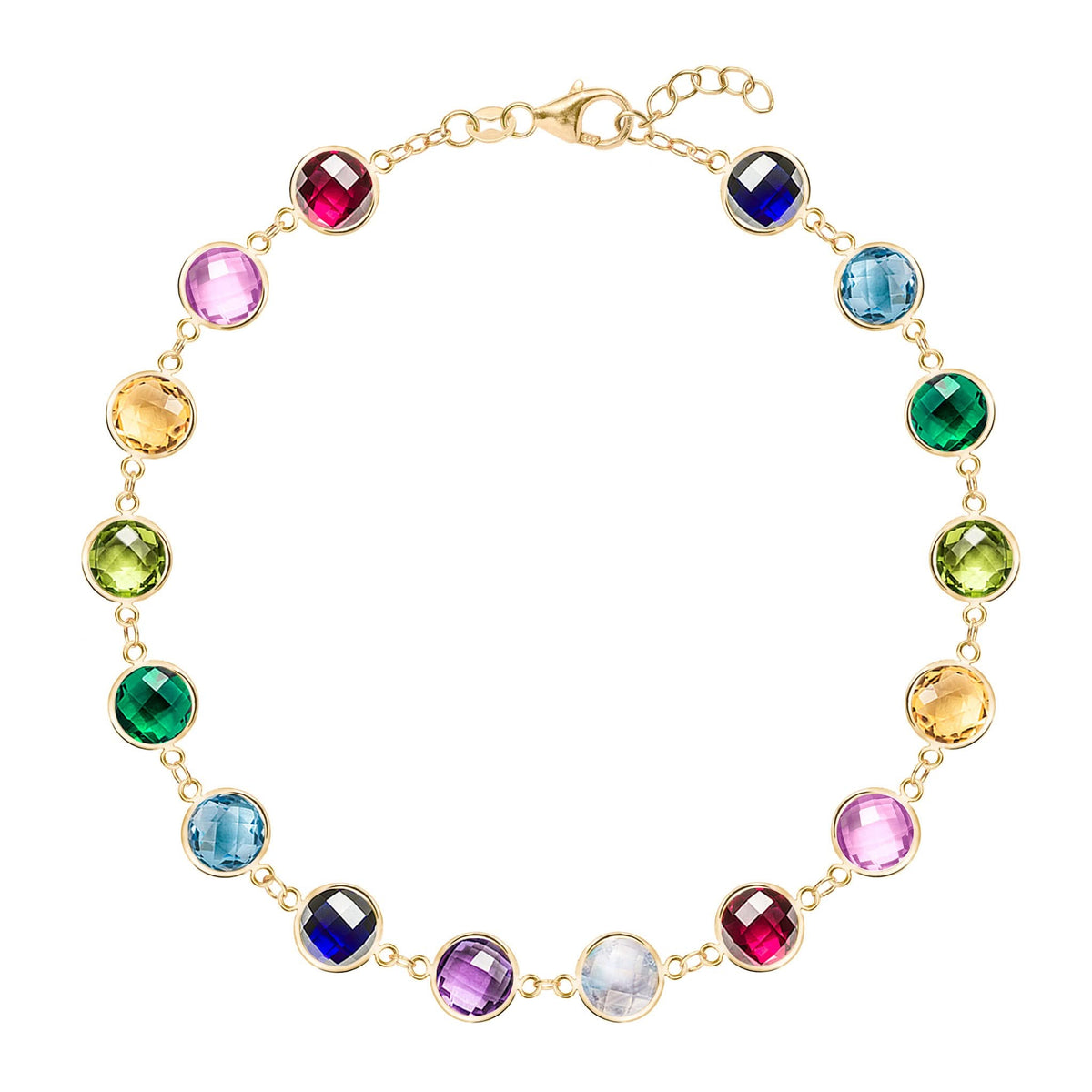 Newport Grand 14k yellow gold bracelet featuring sixteen 6 mm rainbow hued briolette cut bezel set gemstones - front view