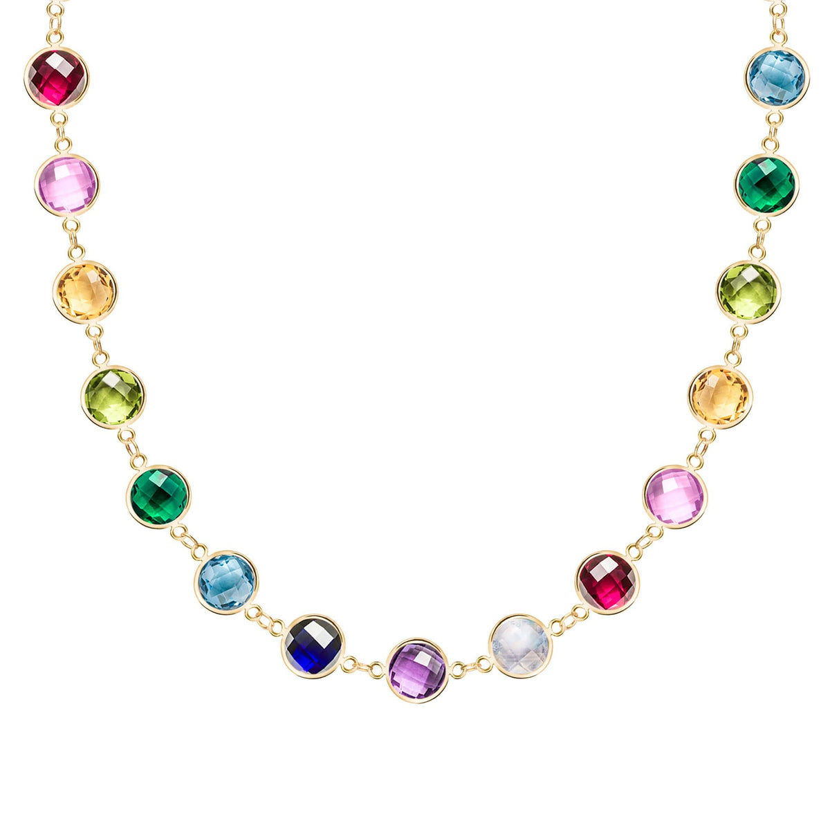 Newport Grand 14k yellow gold necklace featuring 6 mm rainbow hued briolette cut bezel set gemstones - front view