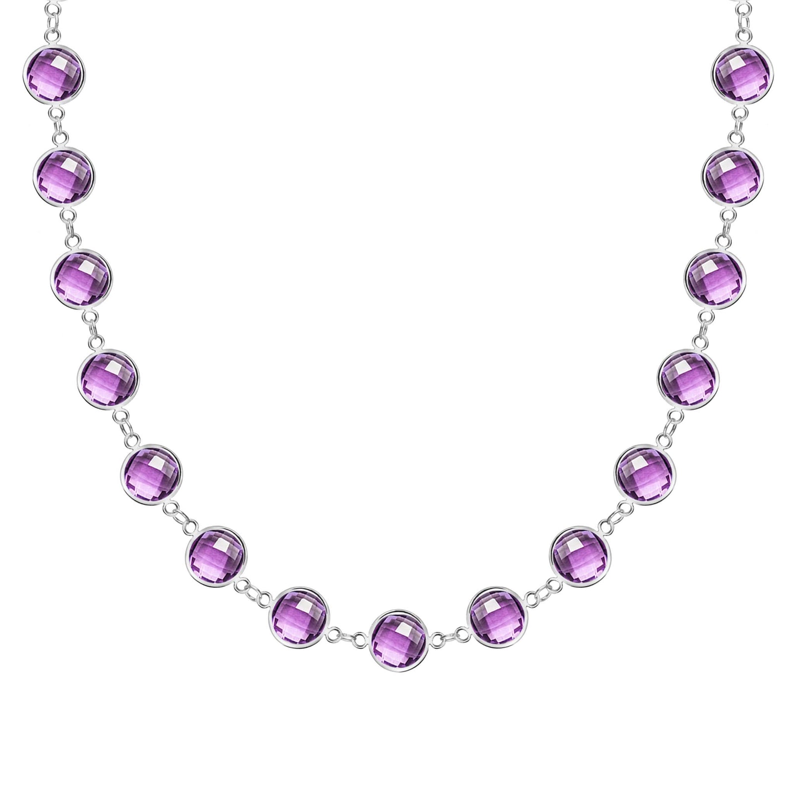 Newport Grand 14k white gold necklace featuring 6 mm briolette cut bezel set amethysts