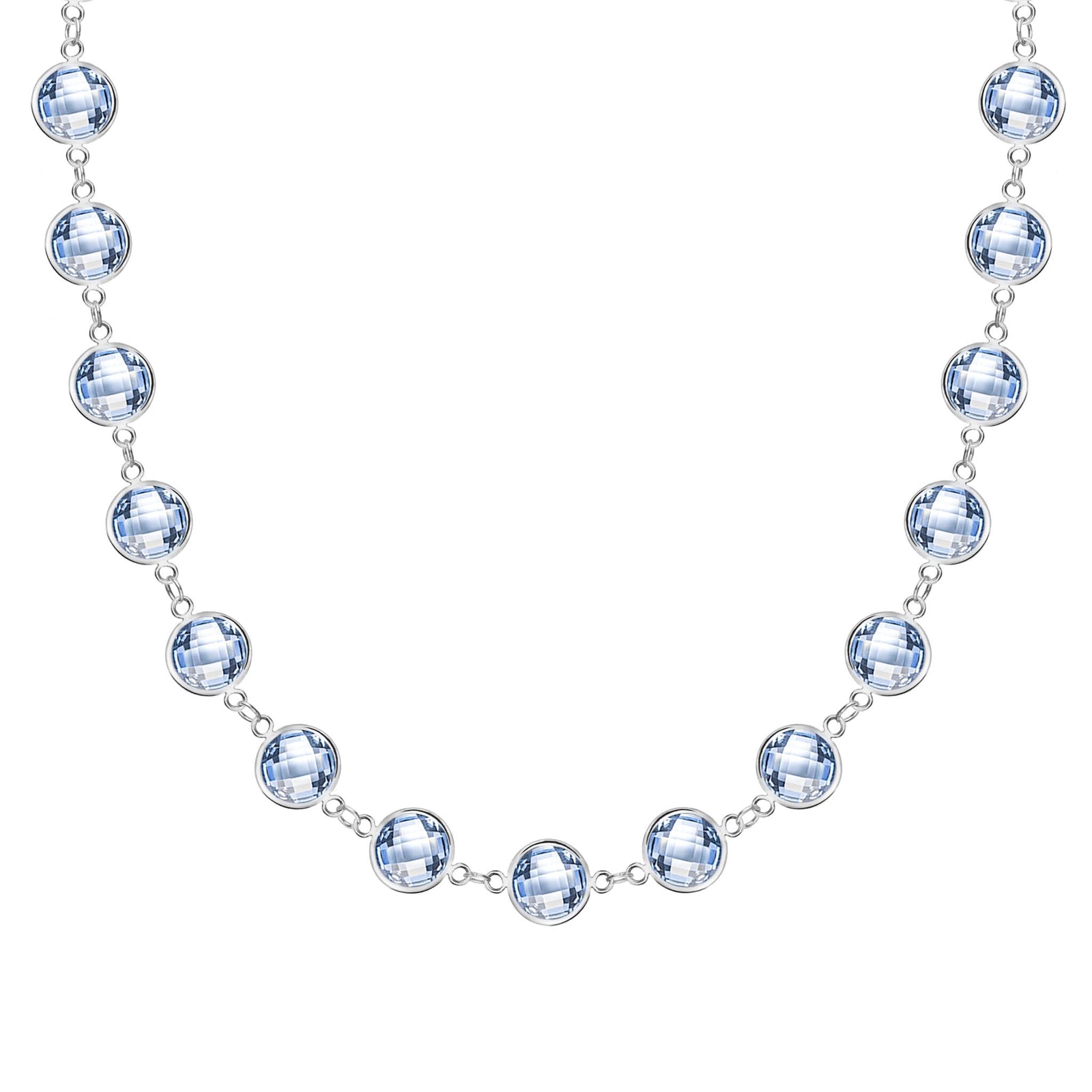 Newport Grand 14k white gold necklace featuring 6 mm briolette cut bezel set aquamarines