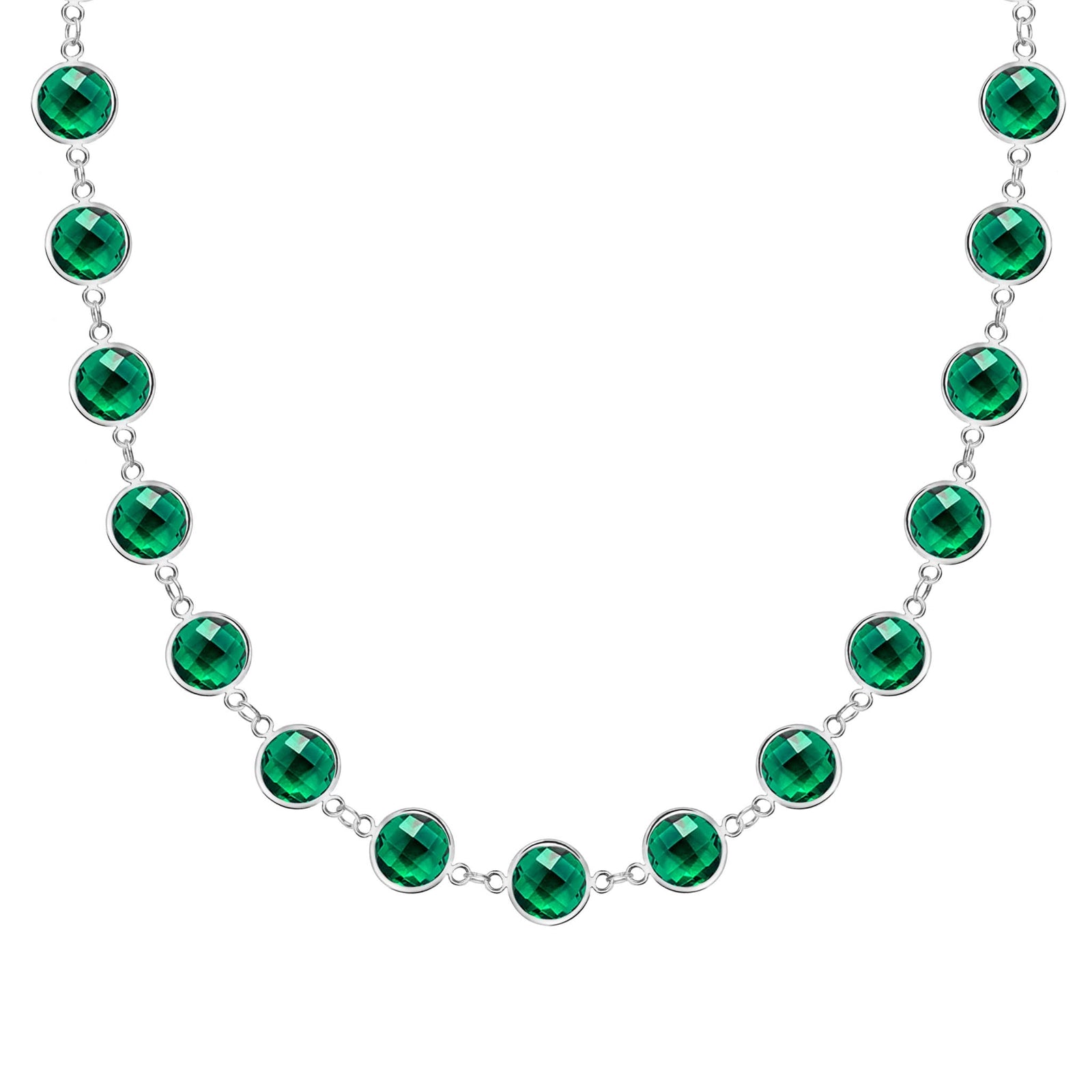 Newport Grand 14k white gold necklace featuring 6 mm briolette cut bezel set emeralds