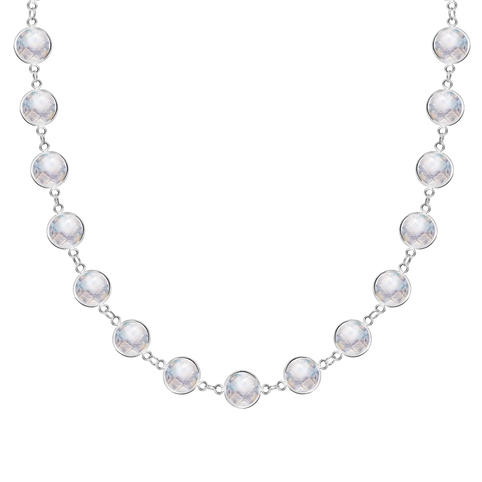 Newport Grand 14k white gold necklace featuring 6 mm briolette cut bezel set moonstones