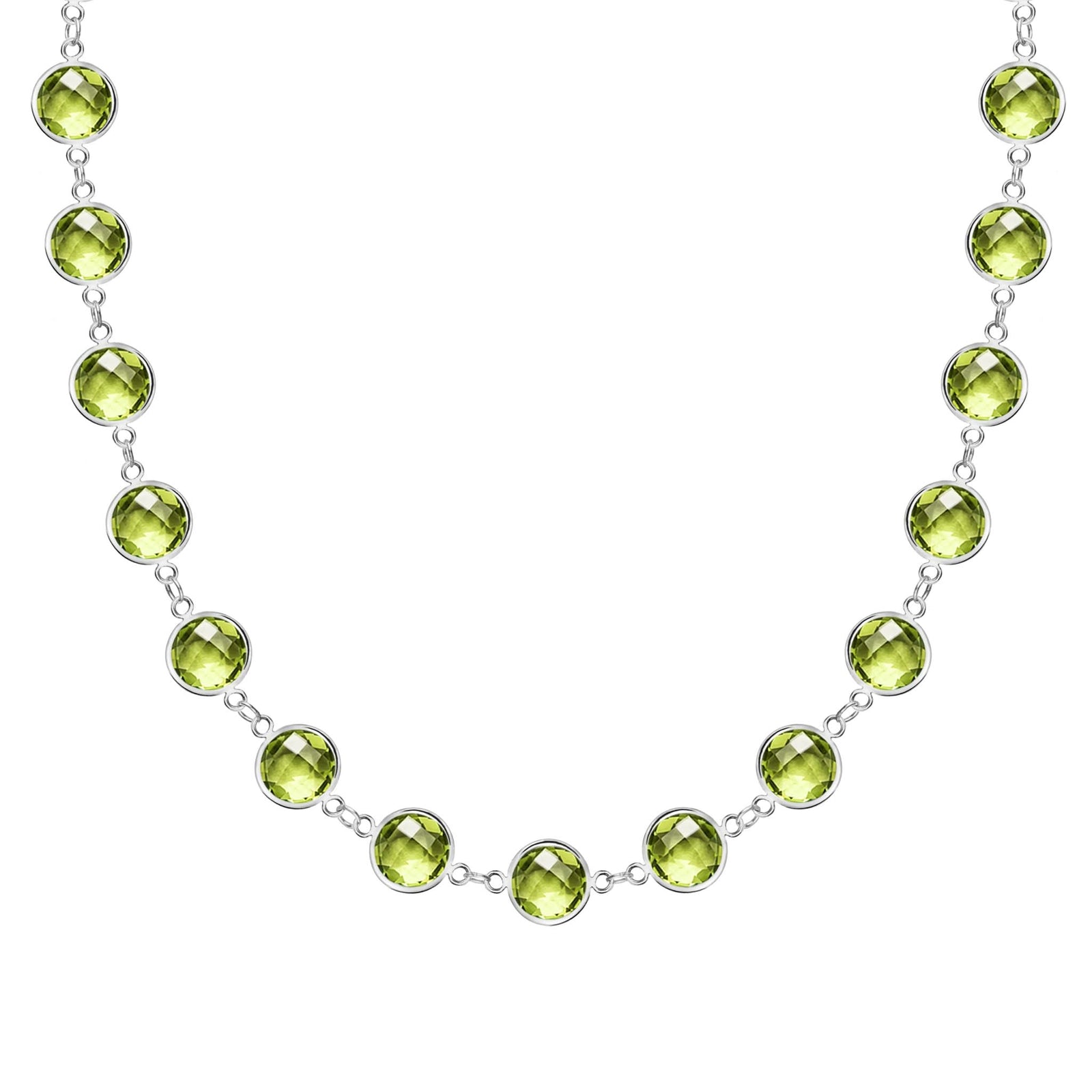 Newport Grand 14k white gold necklace featuring 6 mm briolette cut bezel set peridots