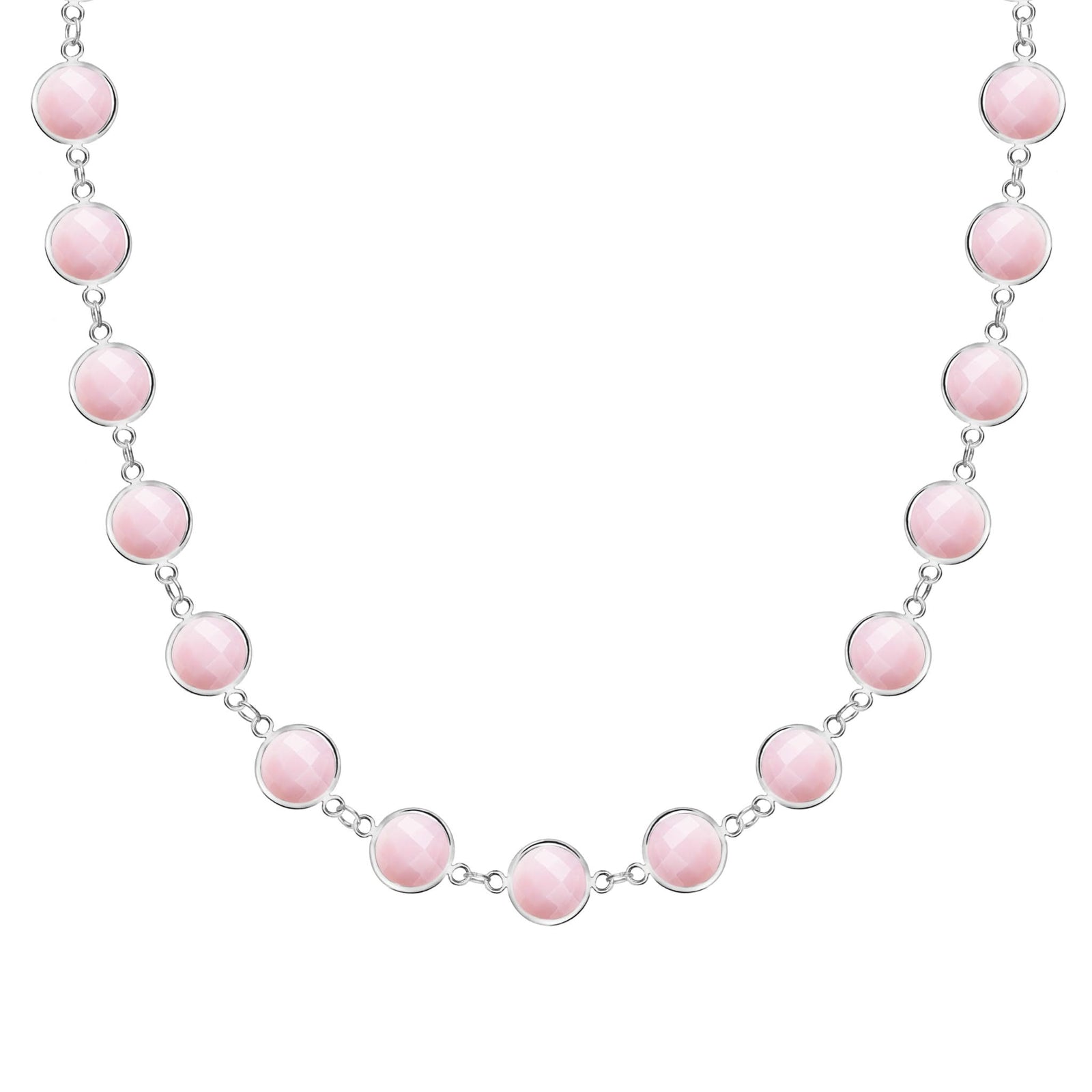 Newport Grand 14k white gold necklace featuring 6 mm briolette cut bezel set pink opals