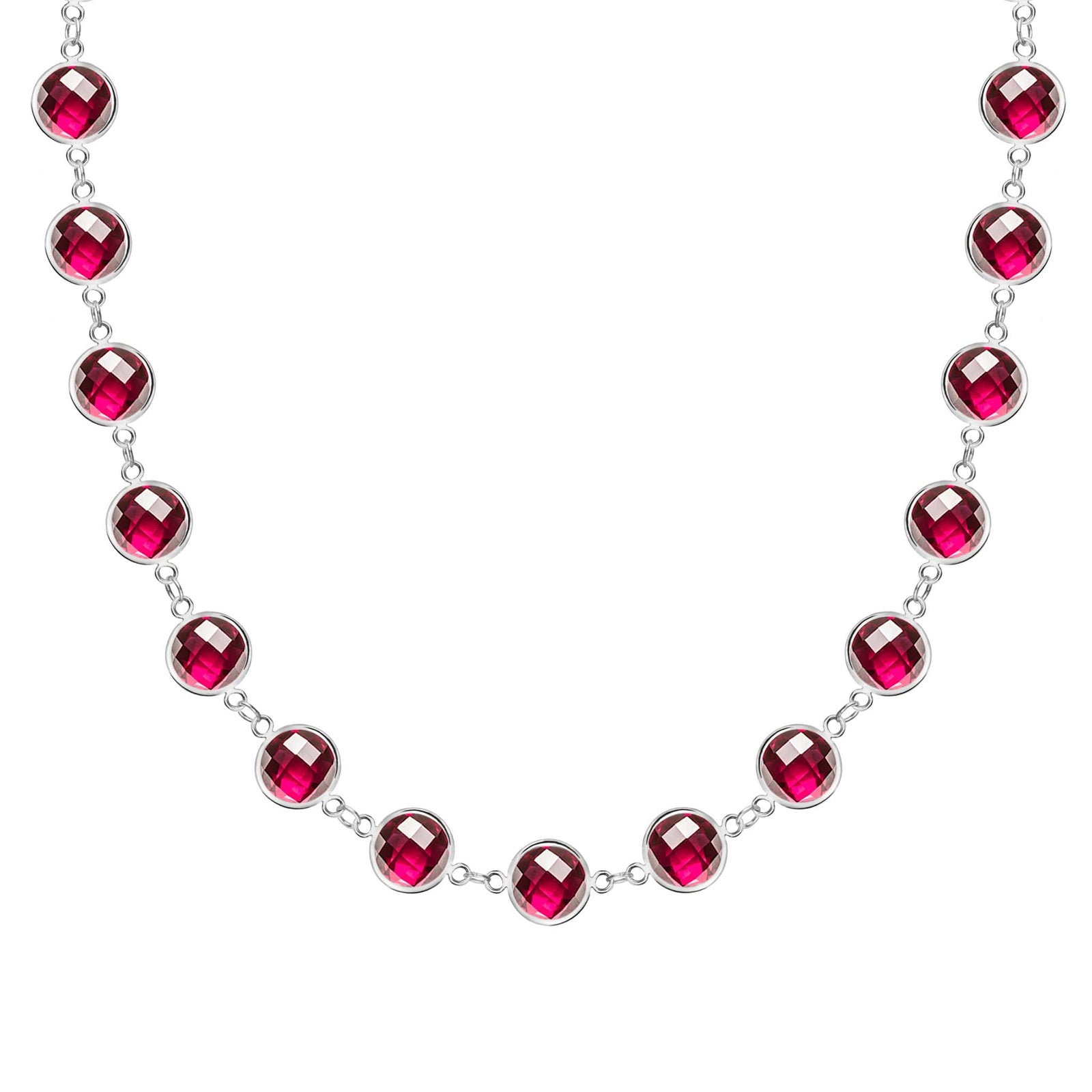 Newport Grand 14k white gold necklace featuring 6 mm briolette cut bezel set rubies