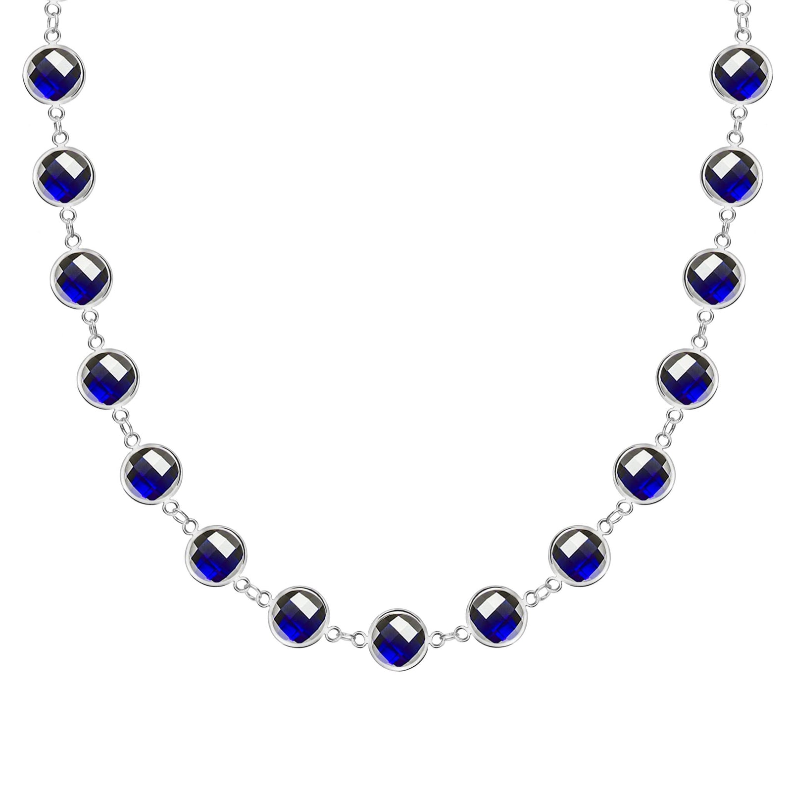 Newport Grand 14k white gold necklace featuring 6 mm briolette cut bezel set sapphires