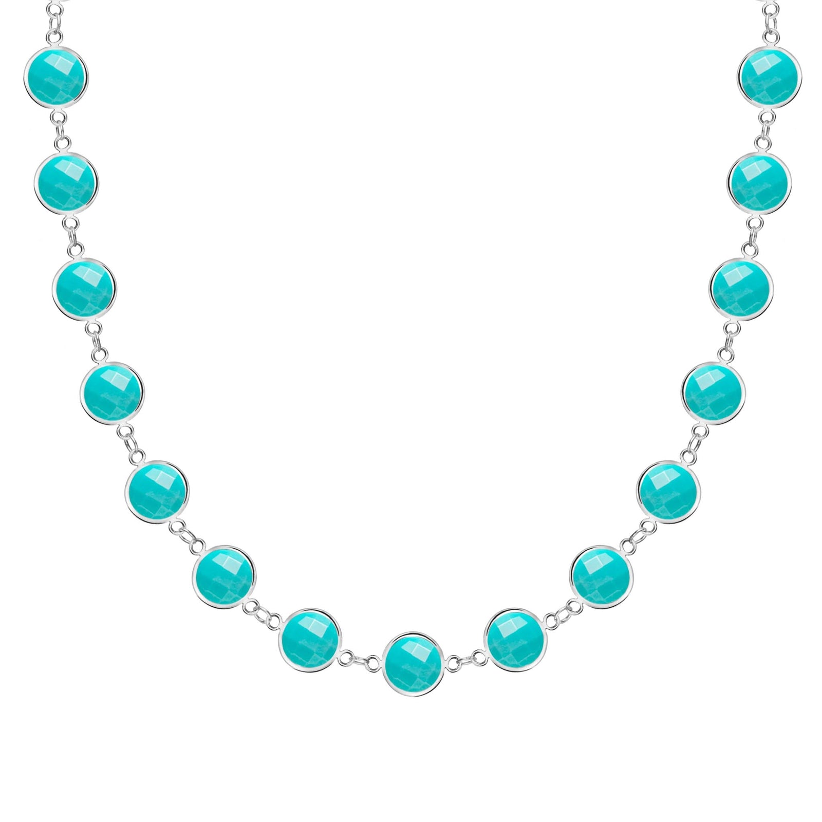 Newport Grand 14k white gold necklace featuring 6 mm briolette cut bezel set turquoises