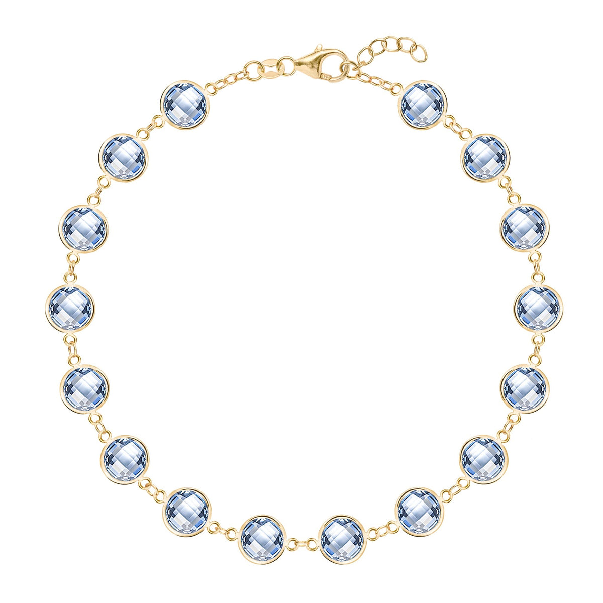 Newport Grand 14k yellow gold bracelet featuring sixteen 6 mm briolette cut bezel set aquamarines - front view
