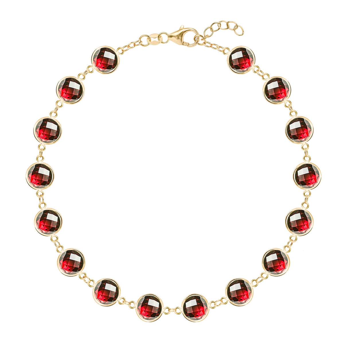 Newport Grand 14k yellow gold bracelet featuring sixteen 6 mm briolette cut bezel set garnets - front view