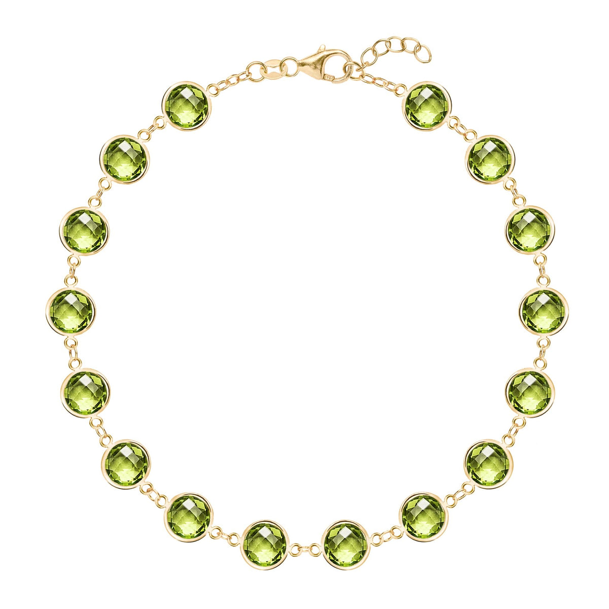 Newport Grand 14k yellow gold bracelet featuring sixteen 6 mm briolette cut bezel set peridots - front view