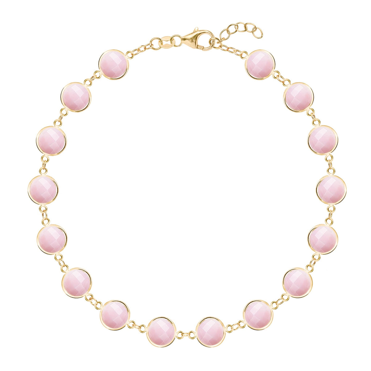 Newport Grand 14k yellow gold bracelet featuring sixteen 6 mm briolette cut bezel set pink opals - front view