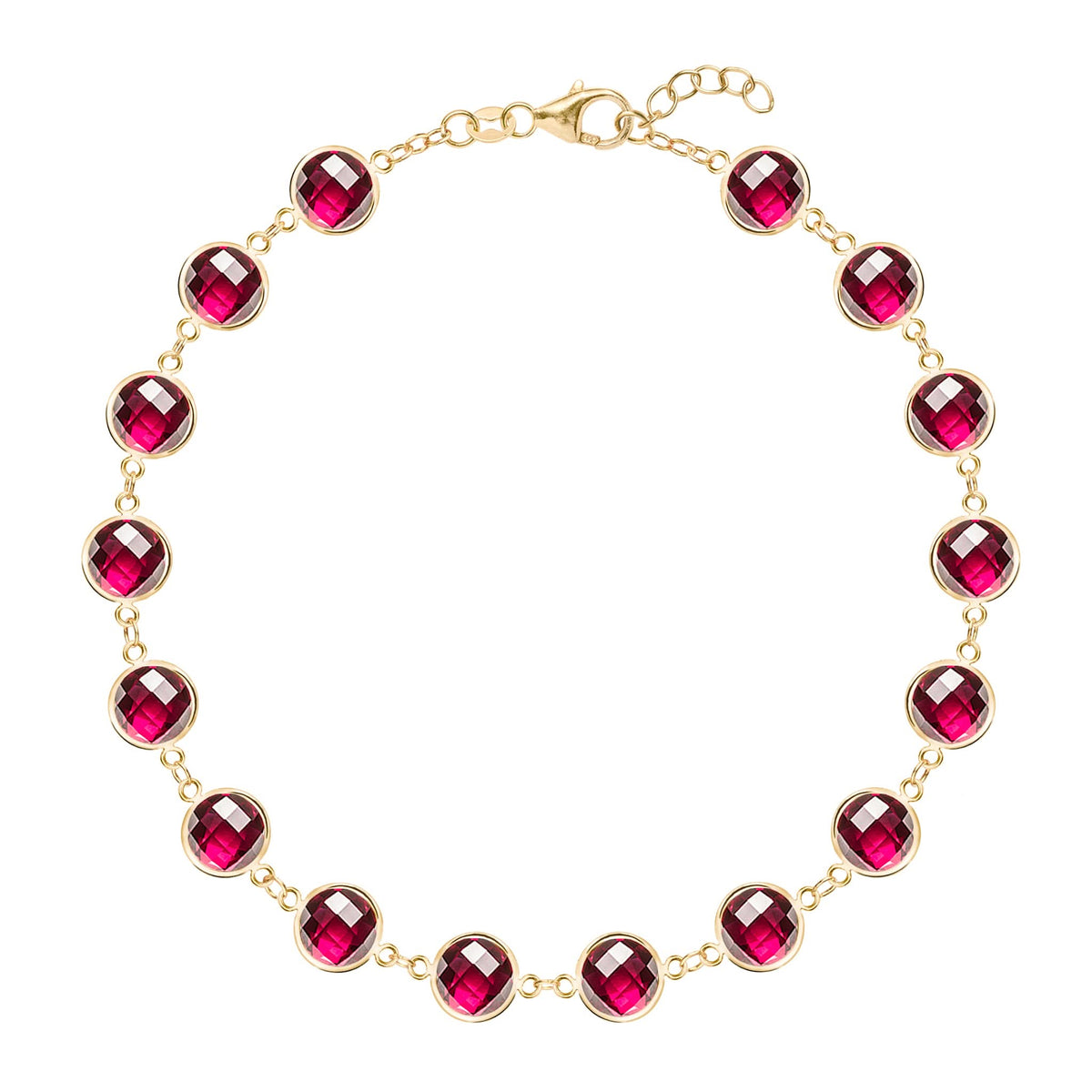 Newport Grand 14k yellow gold bracelet featuring sixteen 6 mm briolette cut bezel set rubies - front view