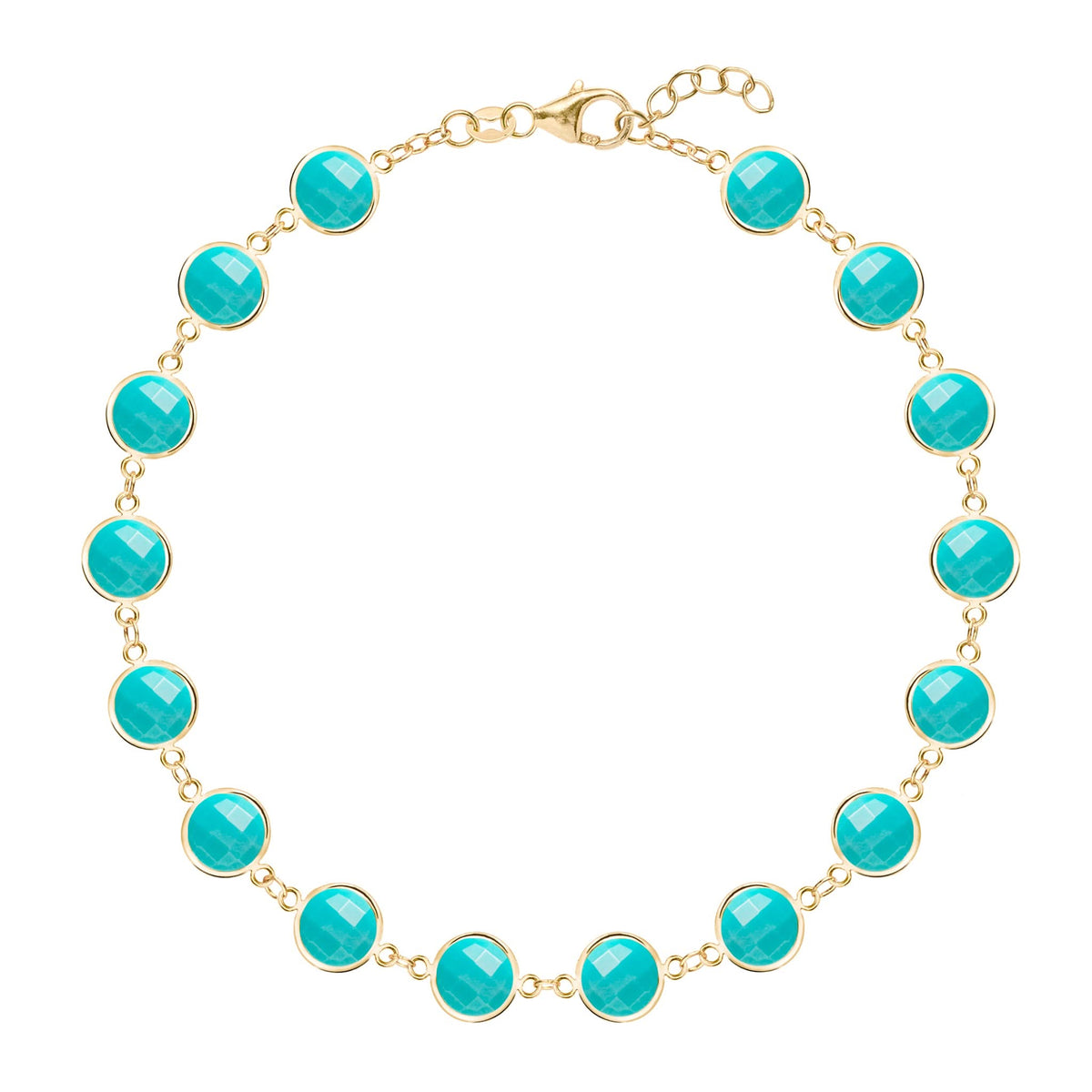 Newport Grand 14k yellow gold bracelet featuring sixteen 6 mm briolette cut bezel set turquoises - front view