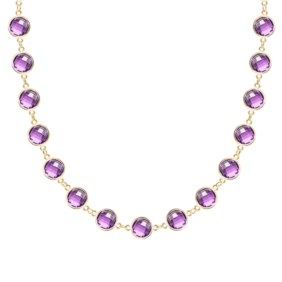 Newport Grand 14k yellow gold necklace featuring 6 mm briolette cut bezel set amethysts - front view