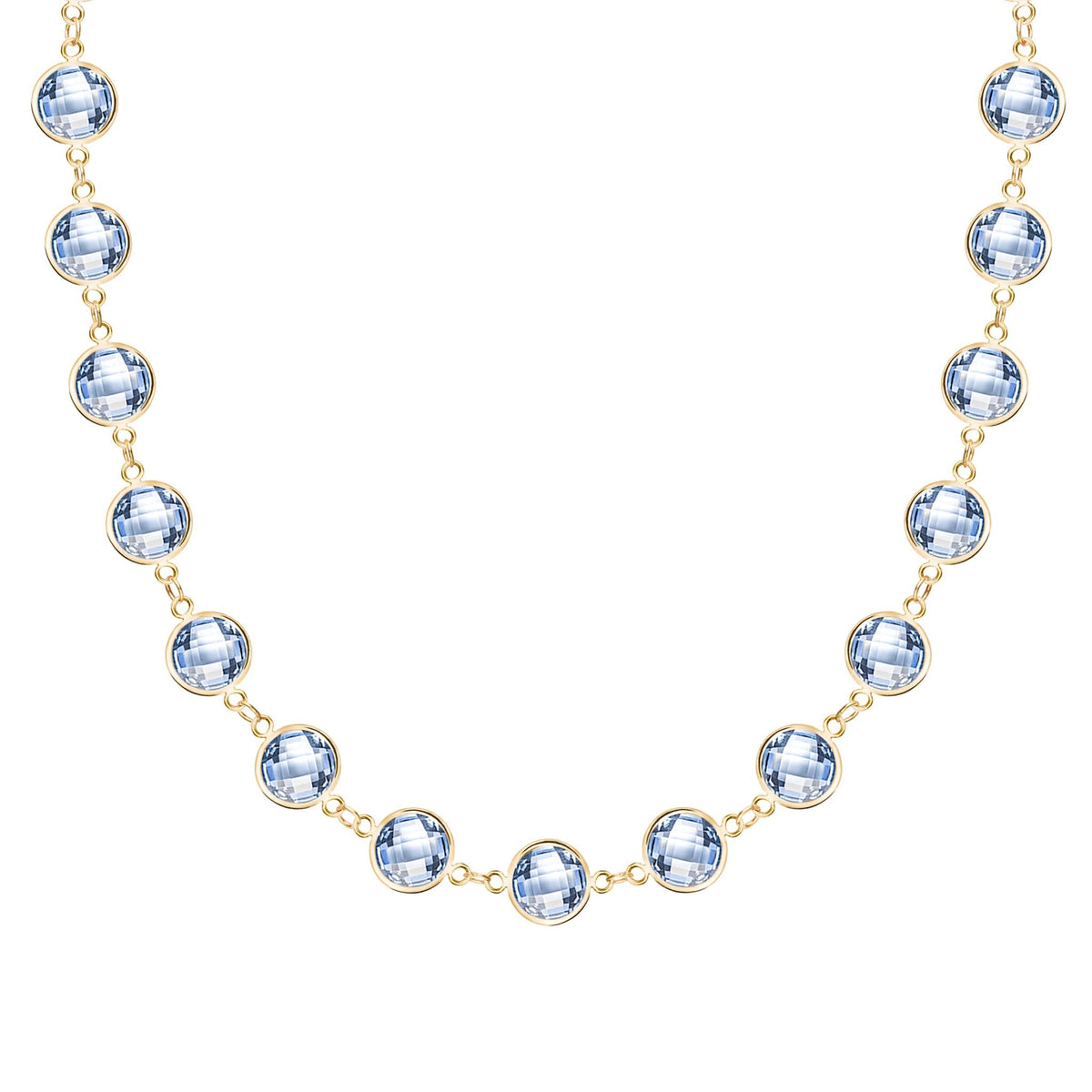 Newport Grand 14k yellow gold necklace featuring 6 mm briolette cut bezel set aquamarines - front view