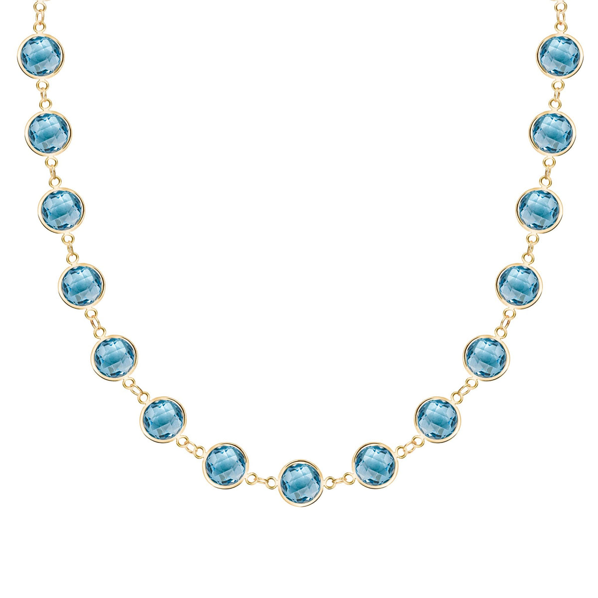 Newport Grand 14k yellow gold necklace featuring 6 mm briolette cut bezel set Nantucket blue topaz - front view
