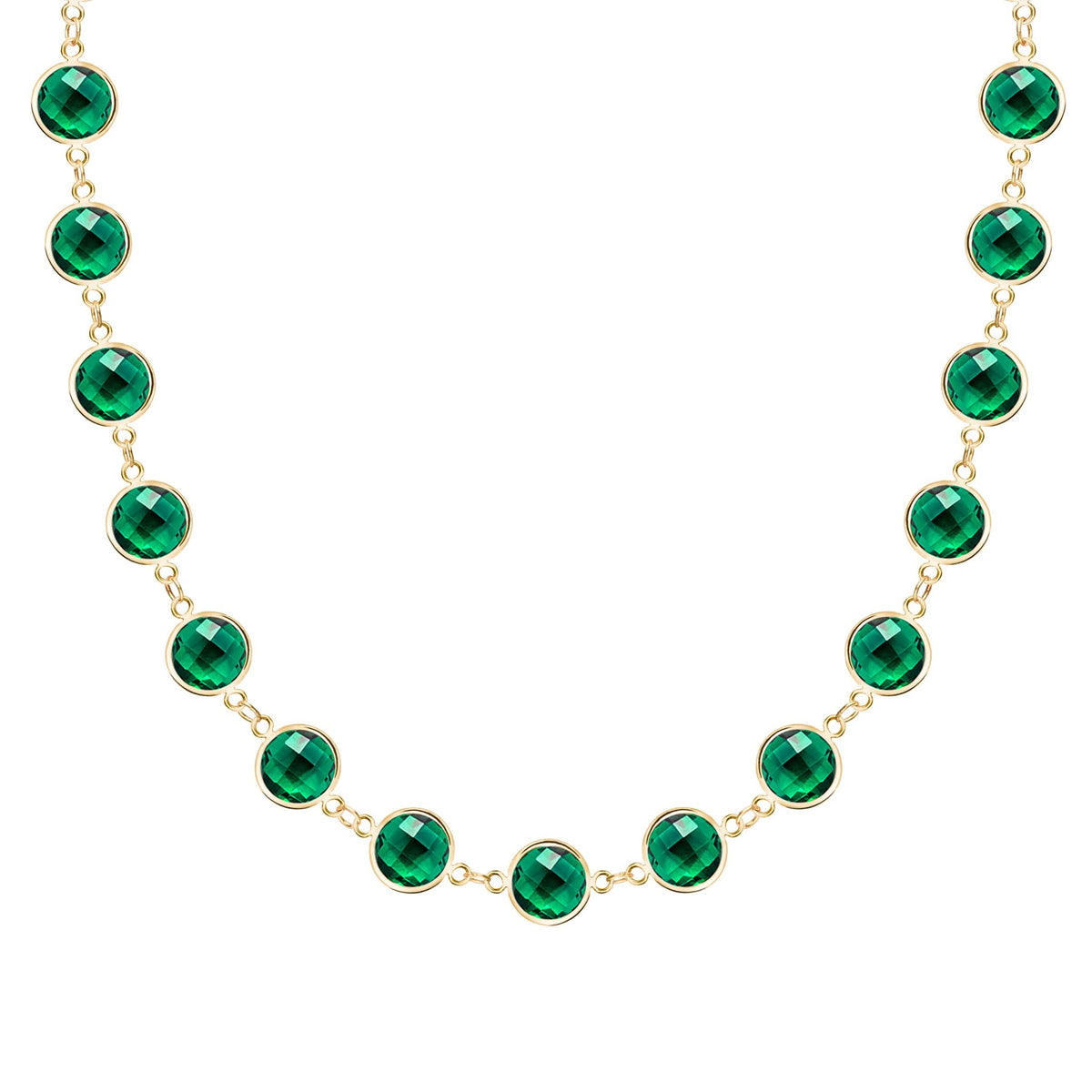 Newport Grand 14k yellow gold necklace featuring 6 mm briolette cut bezel set emeralds - front view