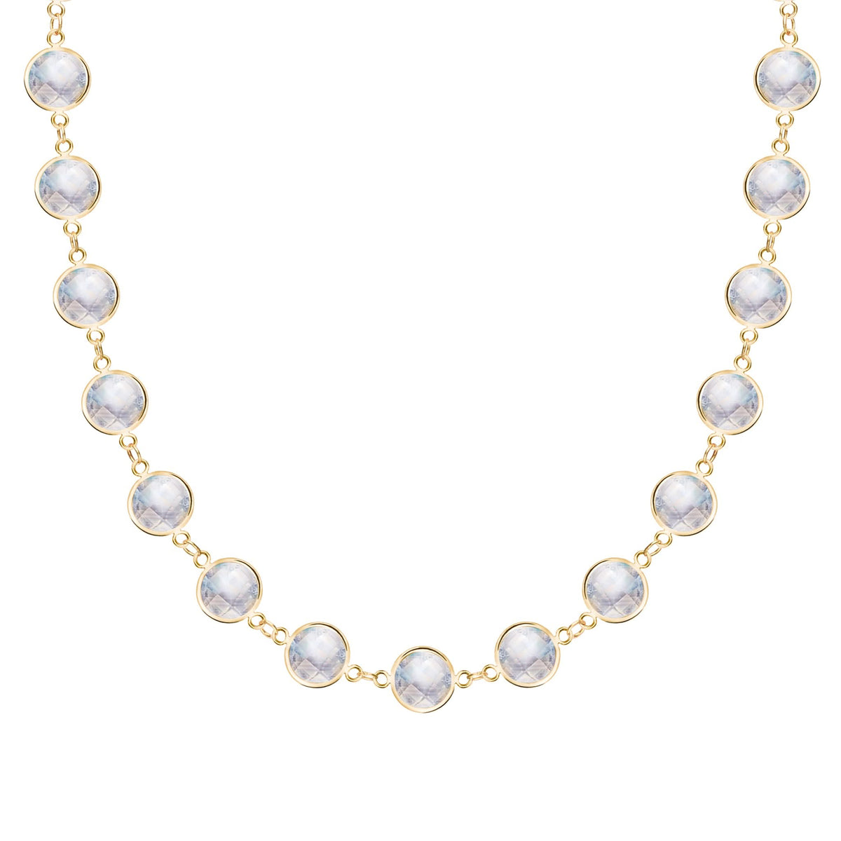 Newport Grand 14k yellow gold necklace featuring 6 mm briolette cut bezel set moonstones - front view