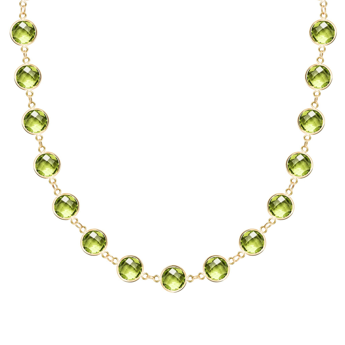 Newport Grand 14k yellow gold necklace featuring 6 mm briolette cut bezel set peridots - front view