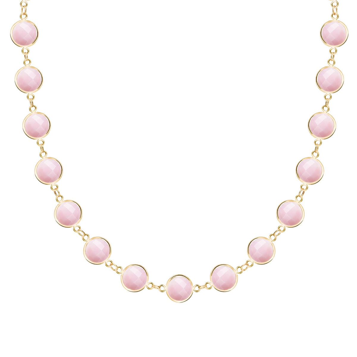 Newport Grand 14k yellow gold necklace featuring 6 mm briolette cut bezel set pink opals - front view
