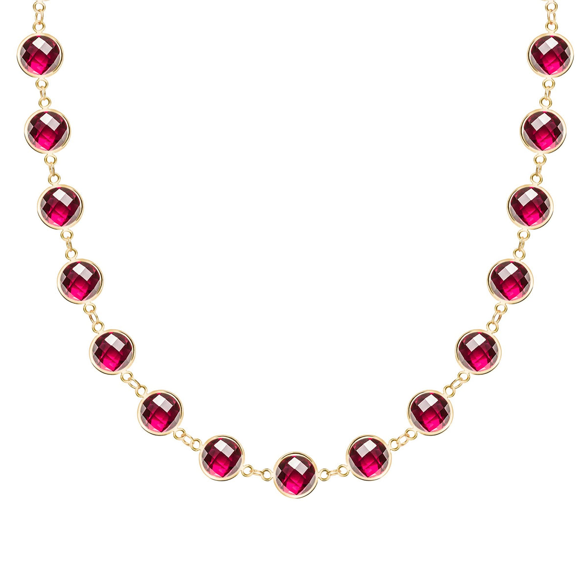 Newport Grand 14k yellow gold necklace featuring 6 mm briolette cut bezel set rubies - front view