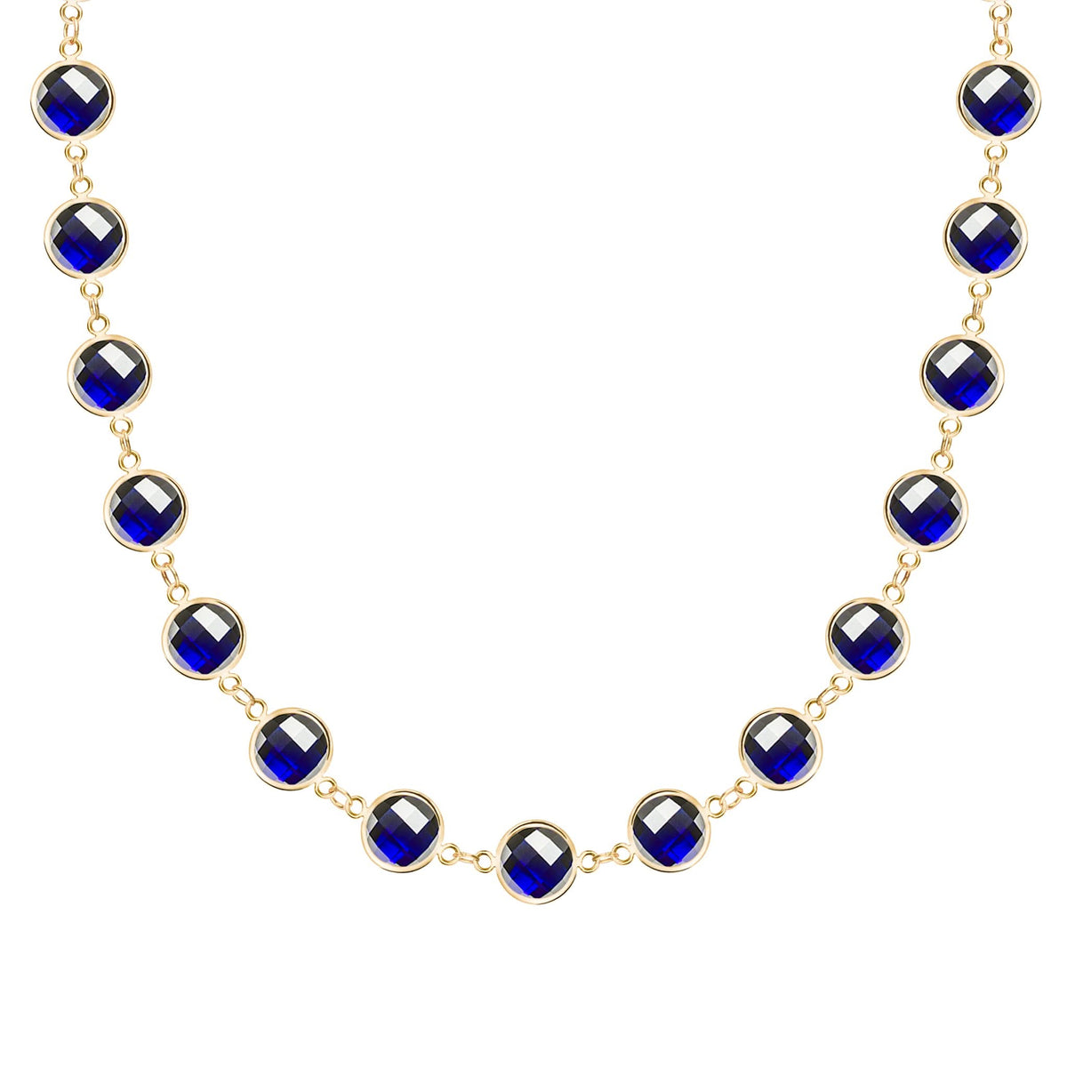 Newport Grand 14k yellow gold necklace featuring 6 mm briolette cut bezel set sapphires - front view