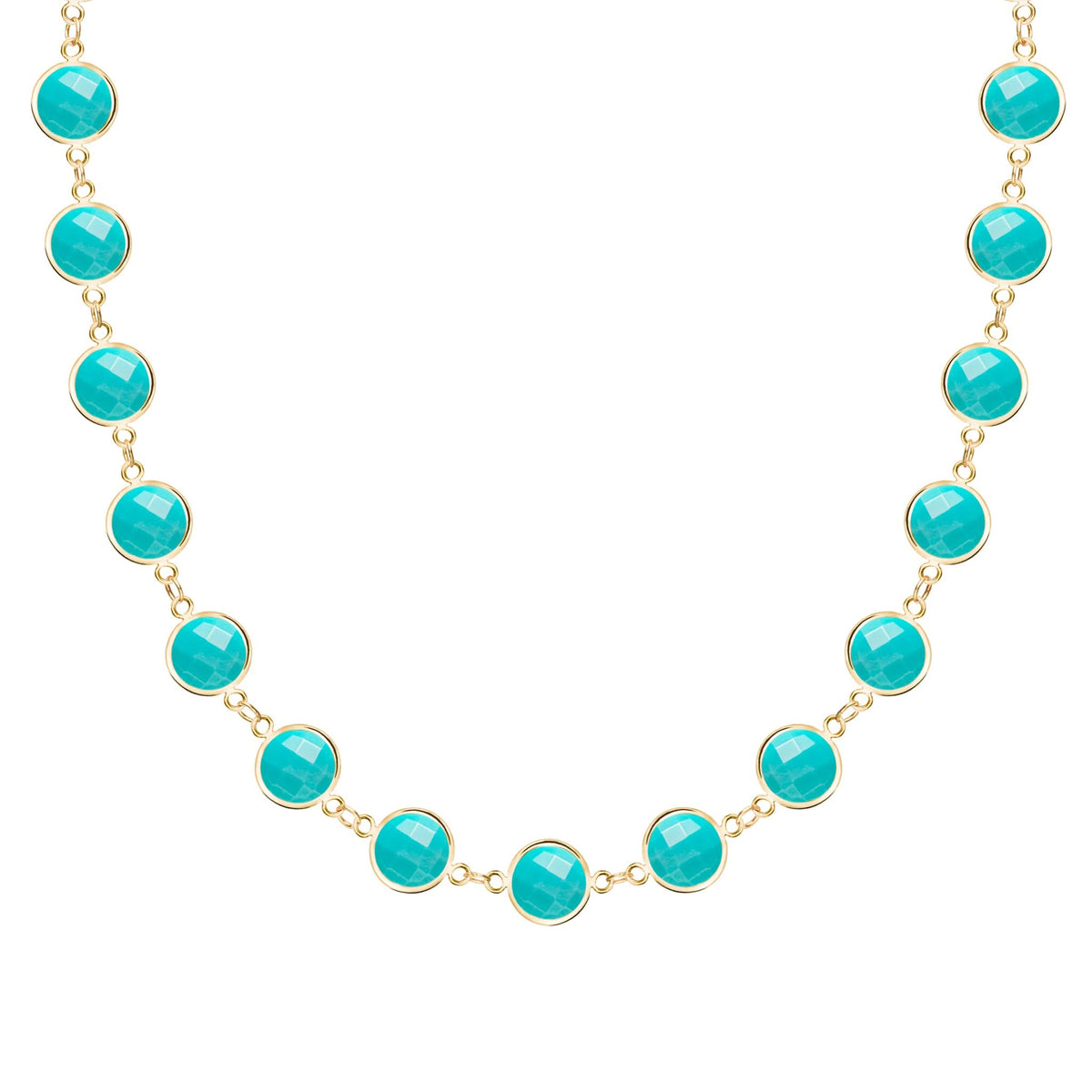 Newport Grand 14k yellow gold necklace featuring 6 mm briolette cut bezel set turquoises - front view