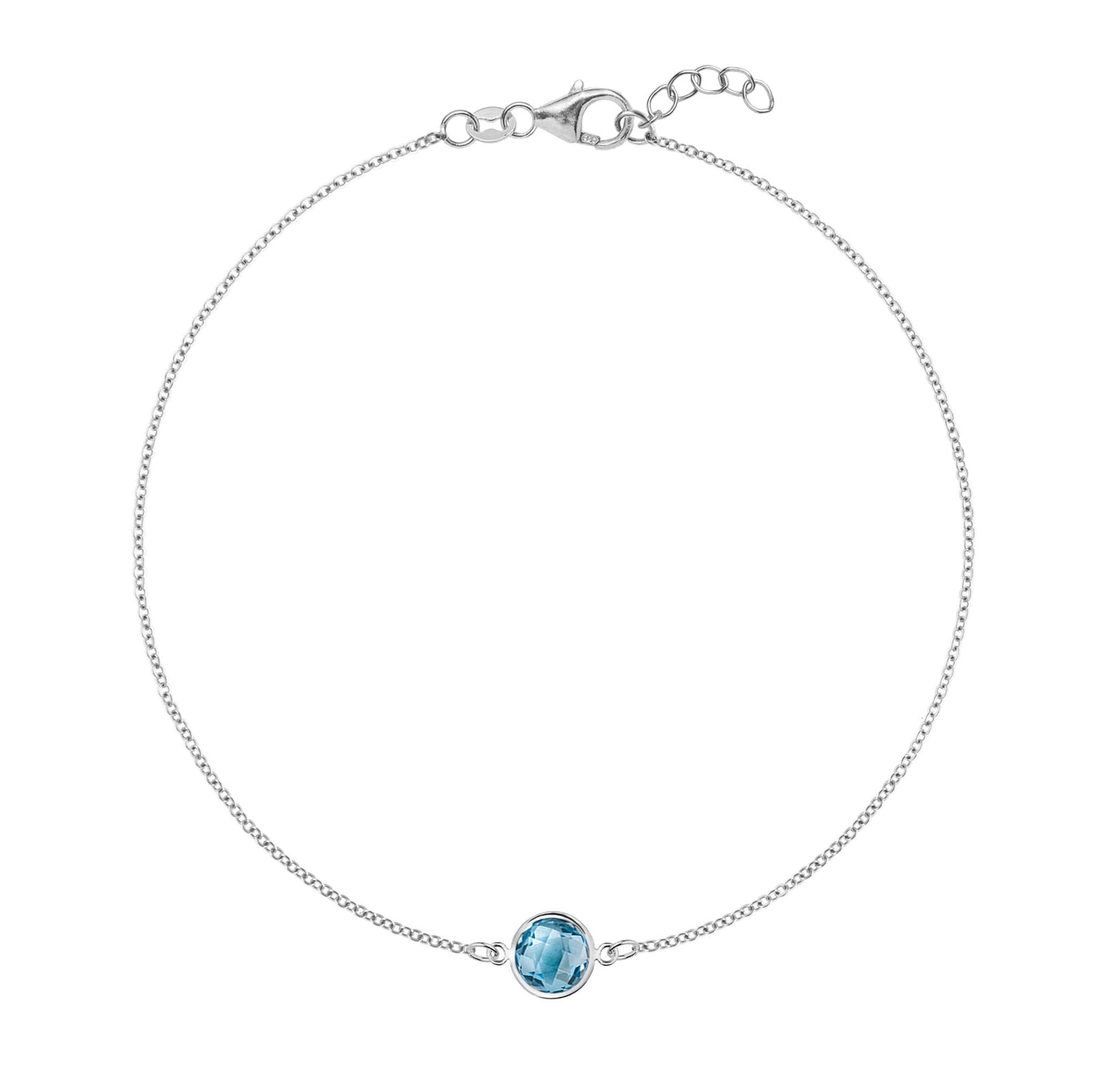 Grand 1.17 mm cable chain bracelet in 14k white gold featuring one 6 mm briolette cut bezel set Nantucket blue topaz