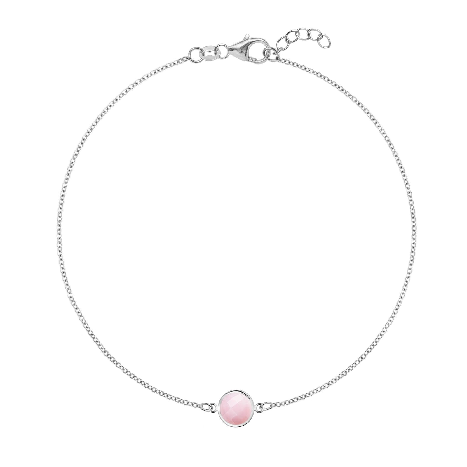 Grand 1.17 mm cable chain bracelet in 14k white gold featuring one 6 mm briolette cut bezel set pink opal