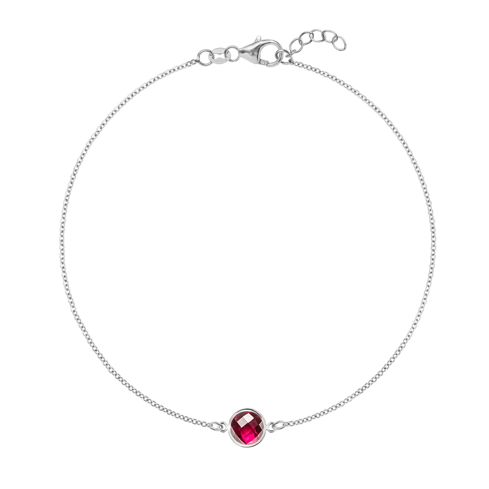 Grand 1.17 mm cable chain bracelet in 14k white gold featuring one 6 mm briolette cut bezel set ruby