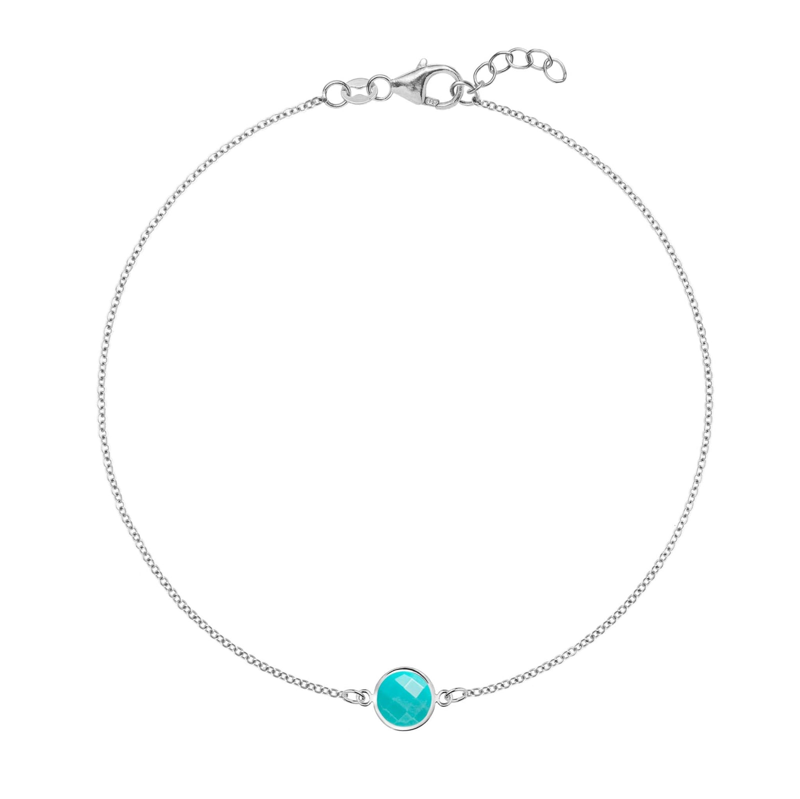 Grand 1.17 mm cable chain bracelet in 14k white gold featuring one 6 mm briolette cut bezel set turquoise