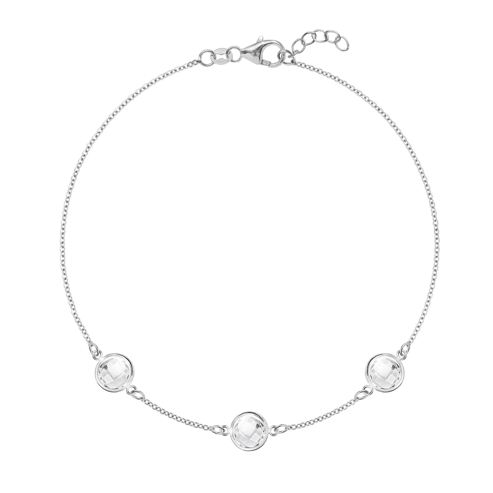 3 Grand 1.17 mm cable chain bracelet in 14k white gold featuring three briolette cut bezel set 6 mm gemstones