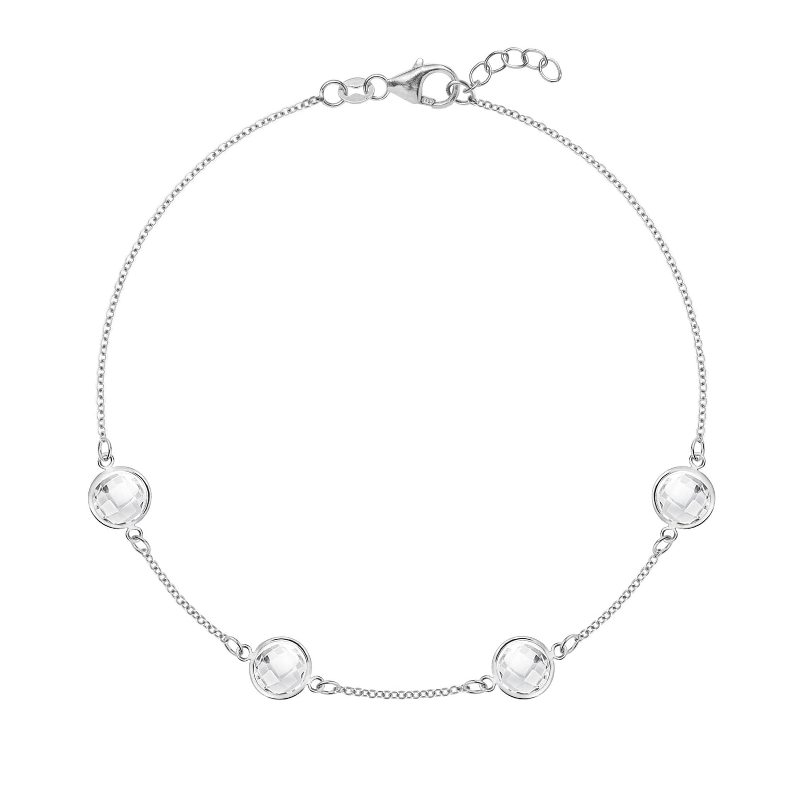 Grand 1.17 mm cable chain bracelet in 14k white gold featuring four 6 mm briolette cut bezel set white topaz