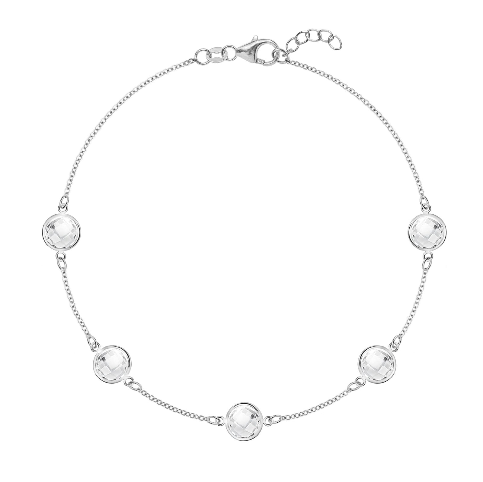 Grand 1.17 mm cable chain bracelet in 14k white gold featuring five 6 mm briolette cut bezel set gemstones