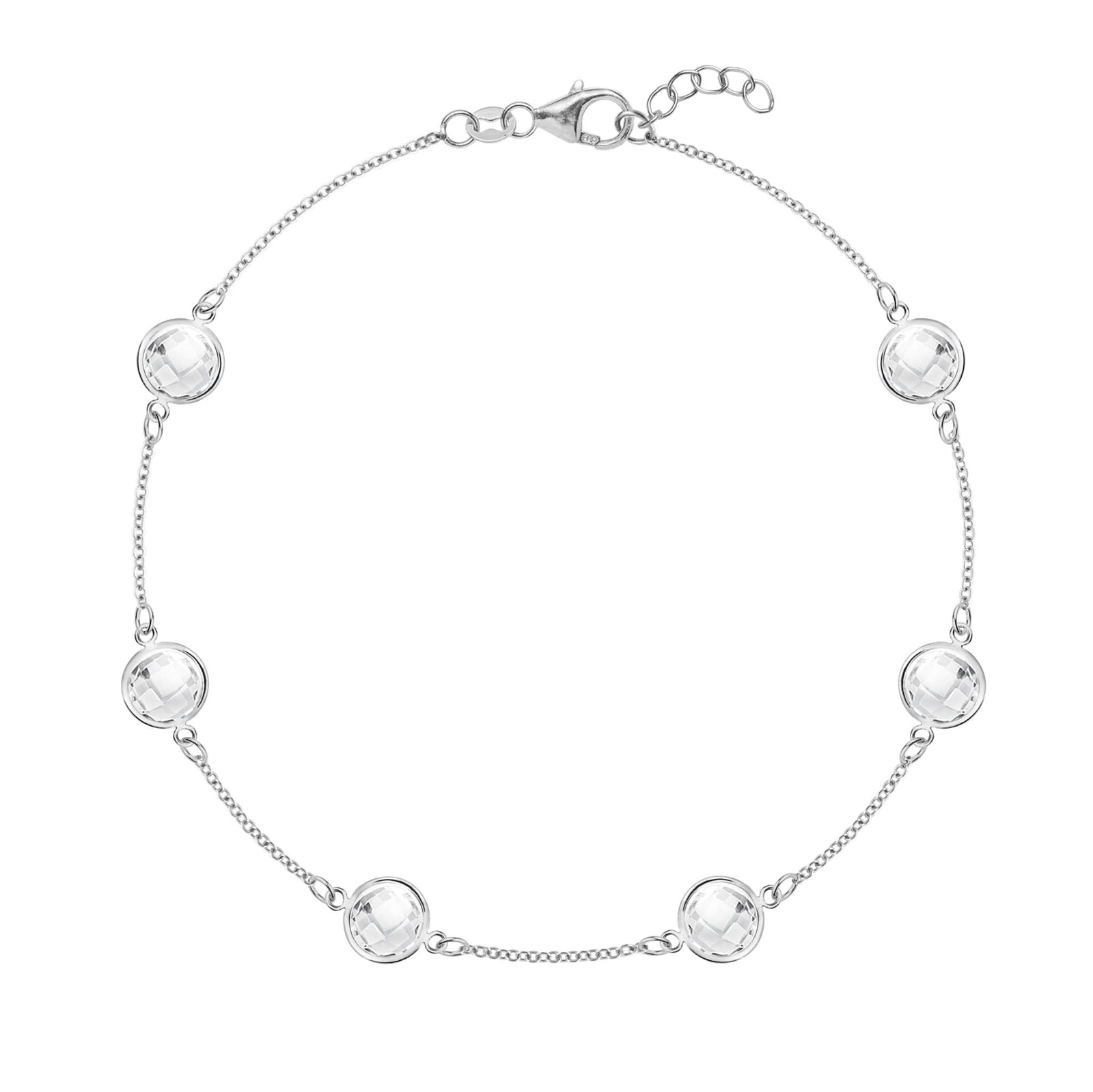Grand 1.17 mm cable chain bracelet in 14k white gold featuring six 6 mm briolette cut bezel set gemstones