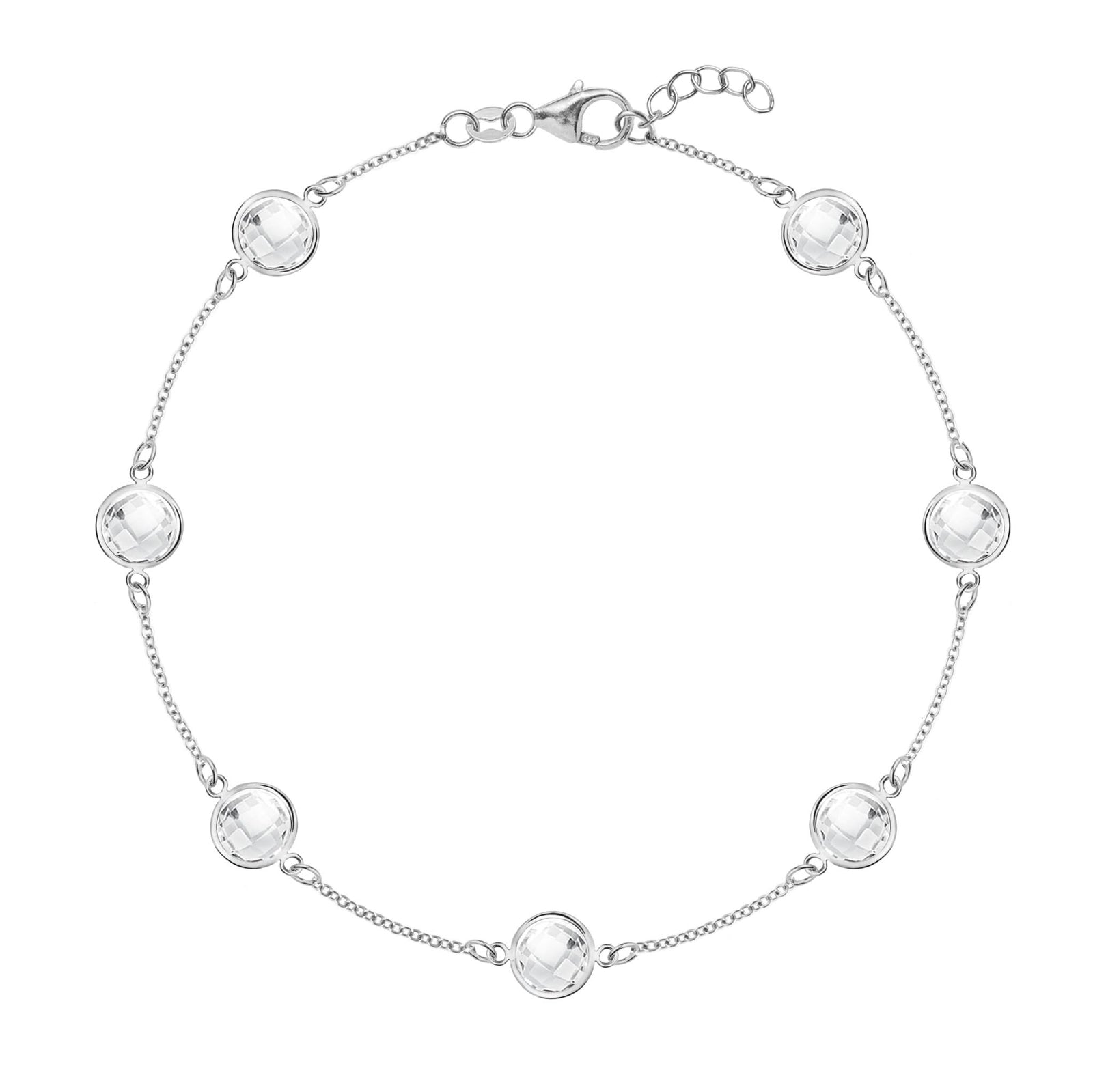 Grand 14k white gold bracelet featuring 6 mm briolette cut bezel set white topaz