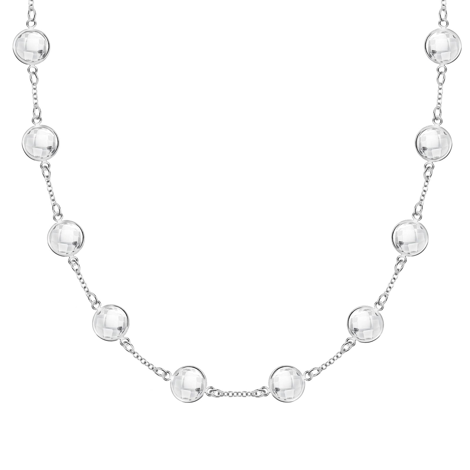 Grand 14k white gold 1.17 mm cable chain necklace featuring ten 6 mm briolette cut bezel set gemstones