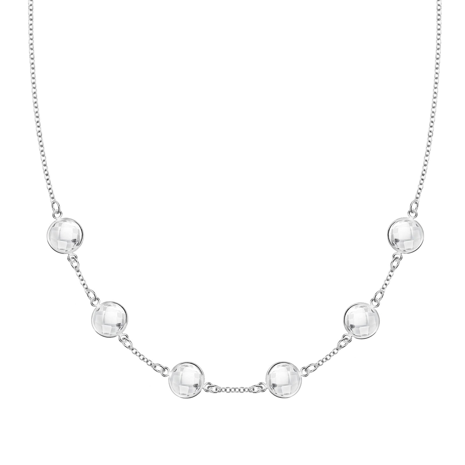Grand 14k white gold 1.17 mm cable chain necklace featuring six 6 mm briolette cut bezel set gemstones