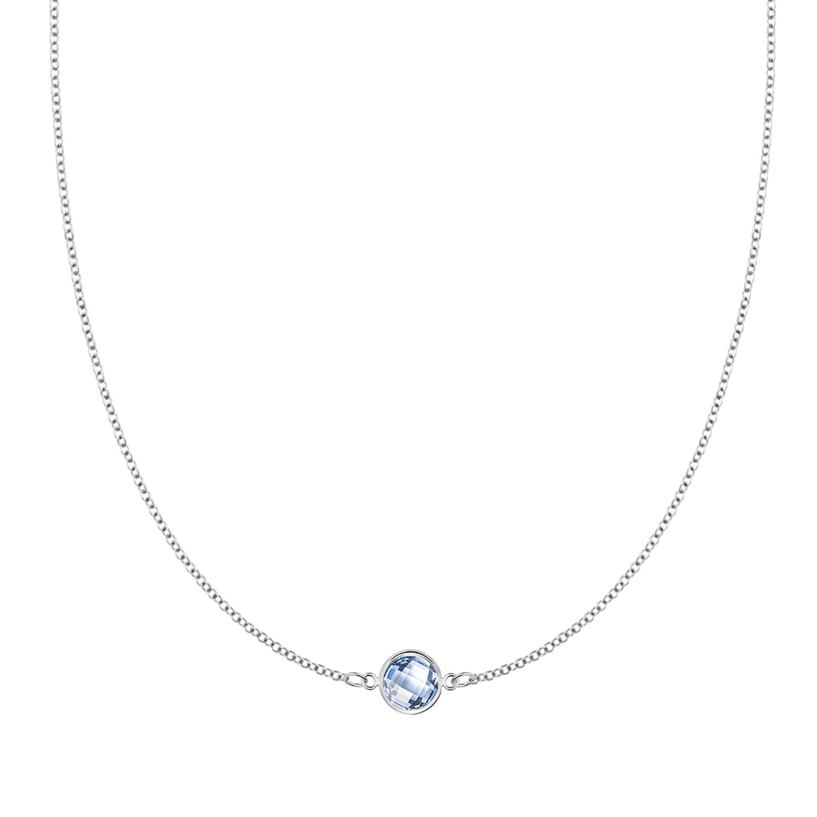 Grand 14k white gold 1.17 mm cable chain necklace featuring one 6 mm briolette cut bezel set aquamarine