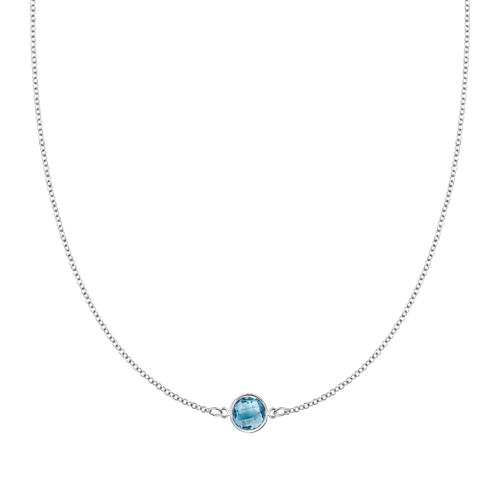 Grand 14k white gold 1.17 mm cable chain necklace featuring one 6 mm briolette cut bezel set Nantucket blue topaz
