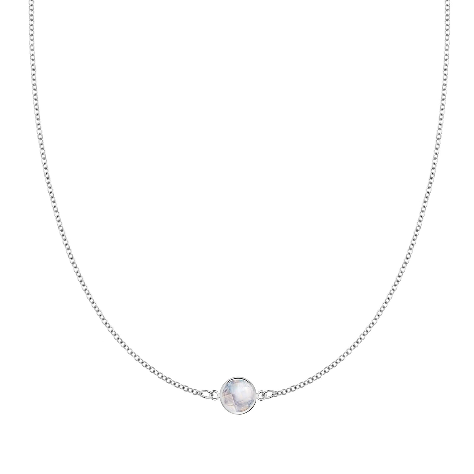 Grand 14k white gold 1.17 mm cable chain necklace featuring one 6 mm briolette cut bezel set moonstone