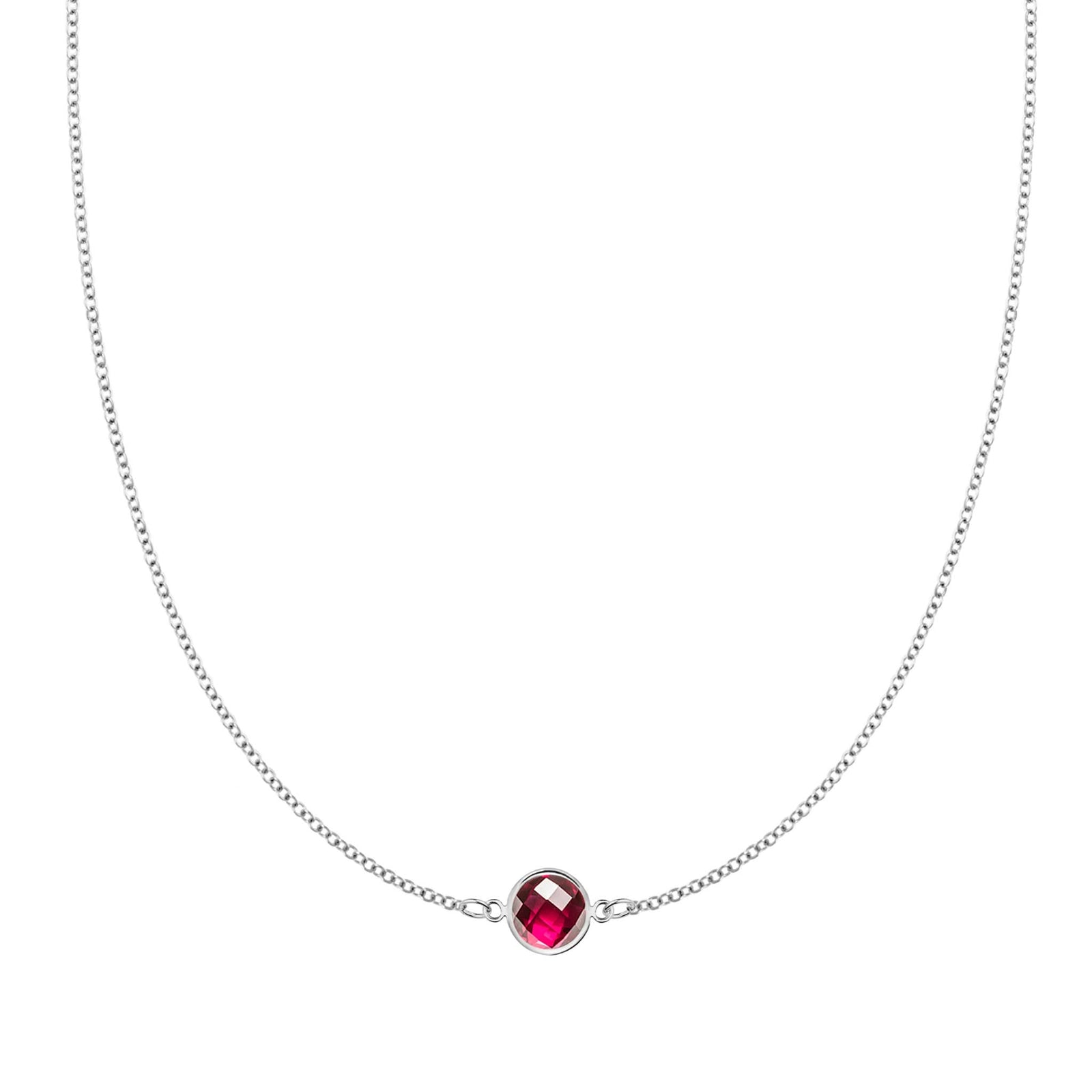 Grand 14k white gold 1.17 mm cable chain necklace featuring one 6 mm briolette cut bezel set ruby