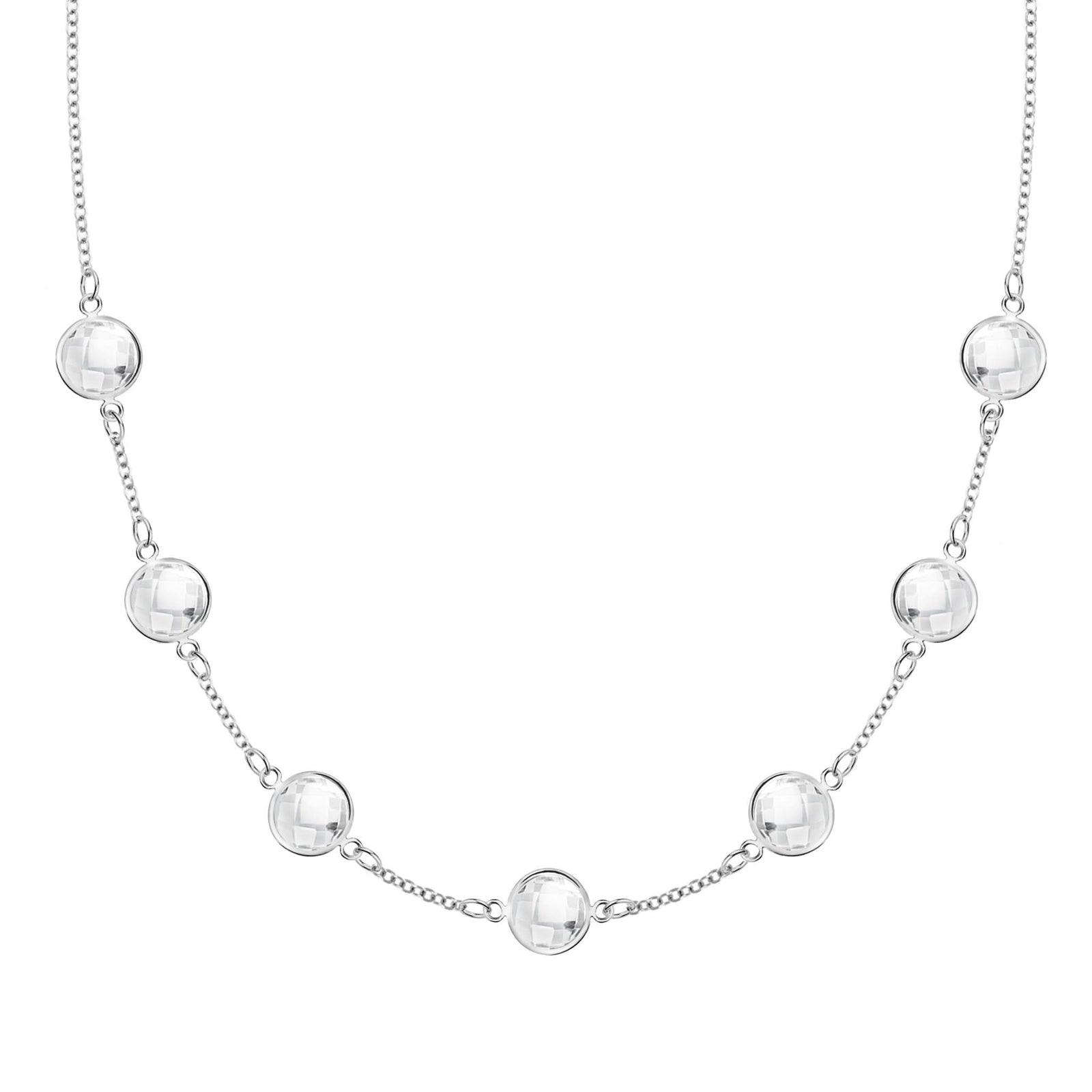 Grand 14k white gold 1.17 mm cable chain necklace featuring seven 6 mm briolette cut bezel set gemstones