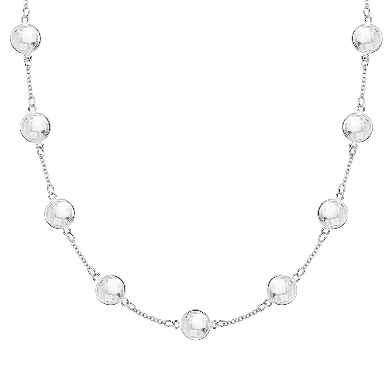 Grand 14k white gold 1.17 mm cable chain necklace featuring nine 6 mm briolette cut bezel set gemstones