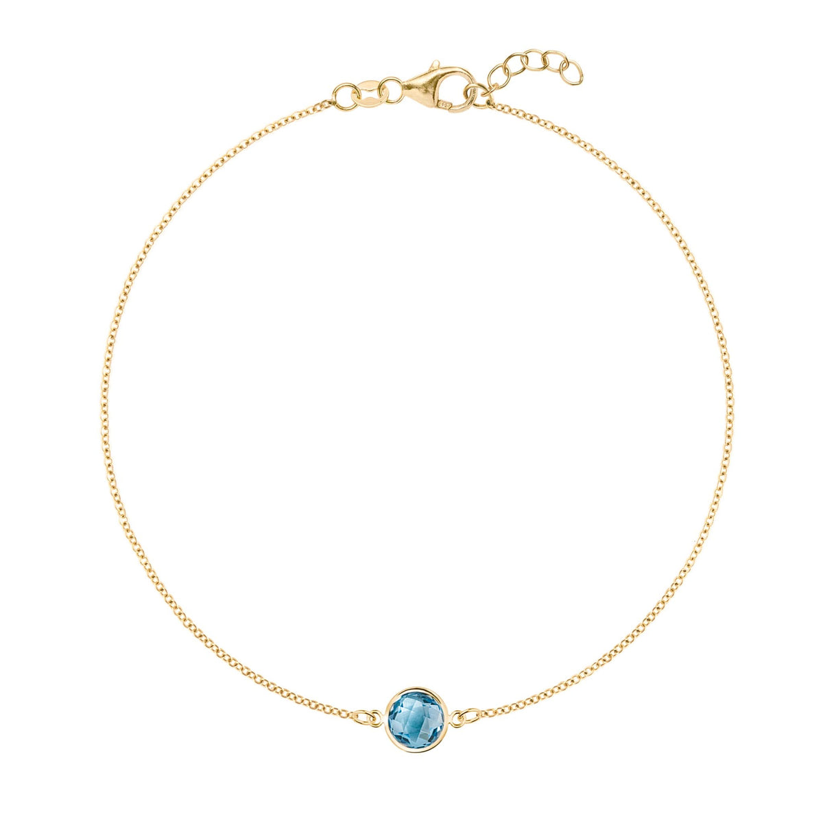 Grand 1.17 mm cable chain bracelet in 14k gold featuring one 6 mm briolette cut bezel set Nantucket blue topaz - front view
