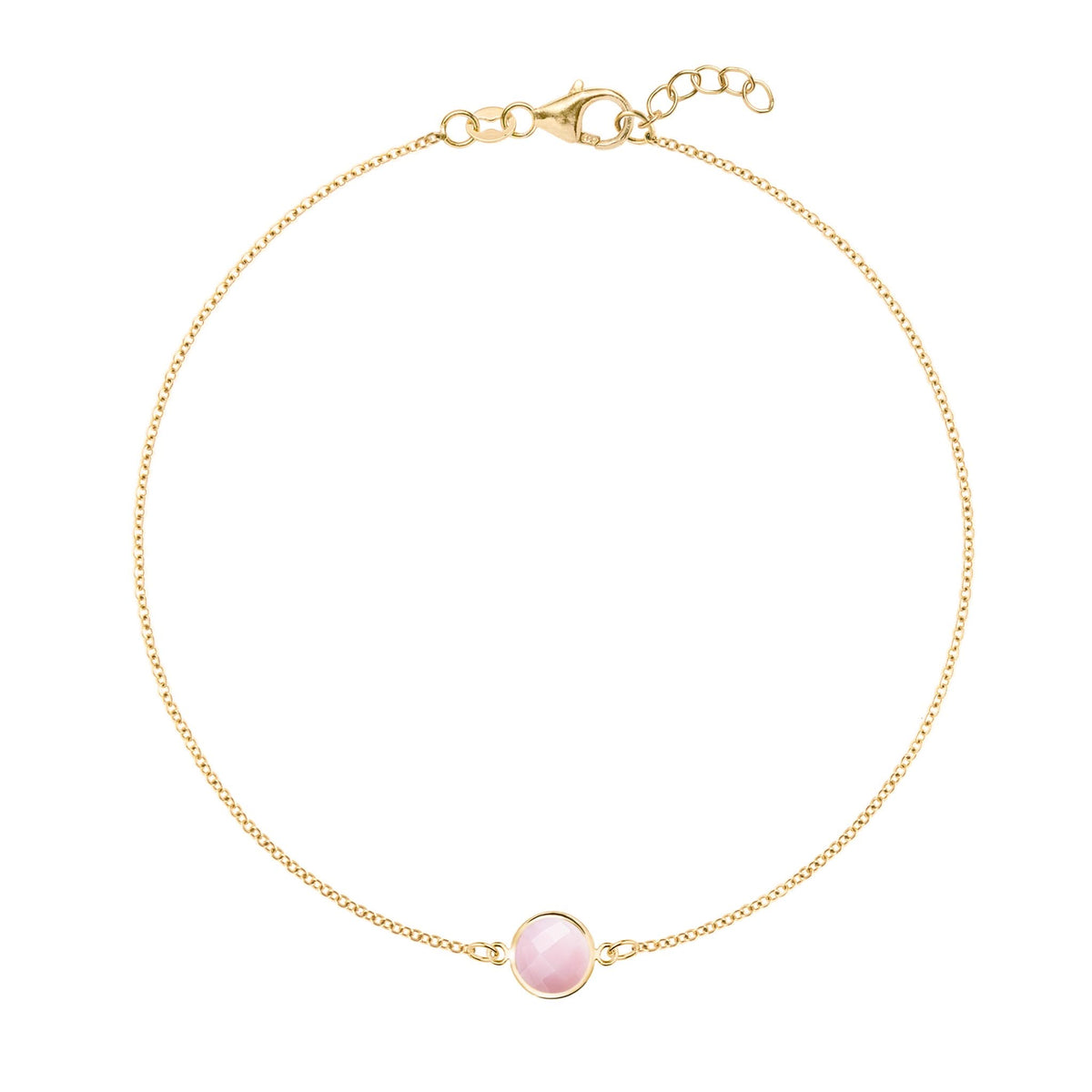 Grand 1.17 mm cable chain bracelet in 14k yellow gold featuring one 6 mm briolette cut bezel set pink opal - front view