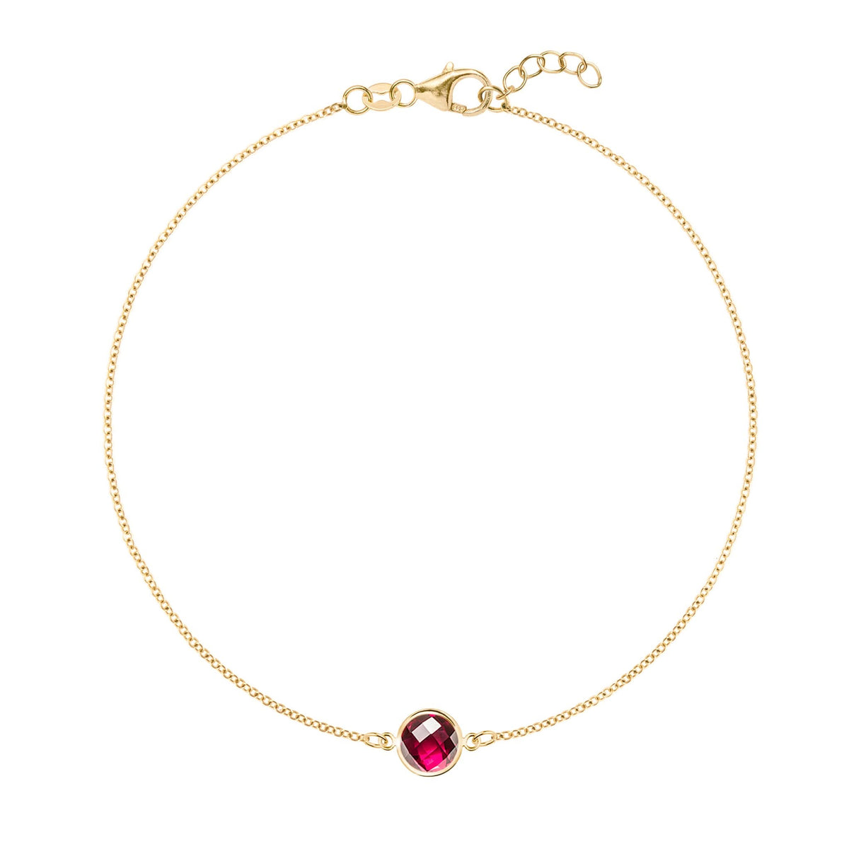 Grand 1.17 mm cable chain bracelet in 14k yellow gold featuring one 6 mm briolette cut bezel set ruby - front view